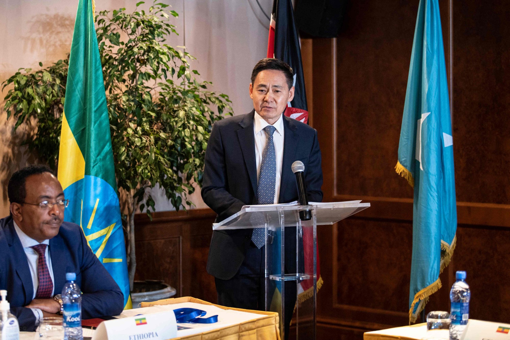 Chinese envoy Xue Bing speaks as Redwan Hussein, national security adviser to the prime minister of Ethiopia looks on during the Horn of Africa conference. Photo: AFP