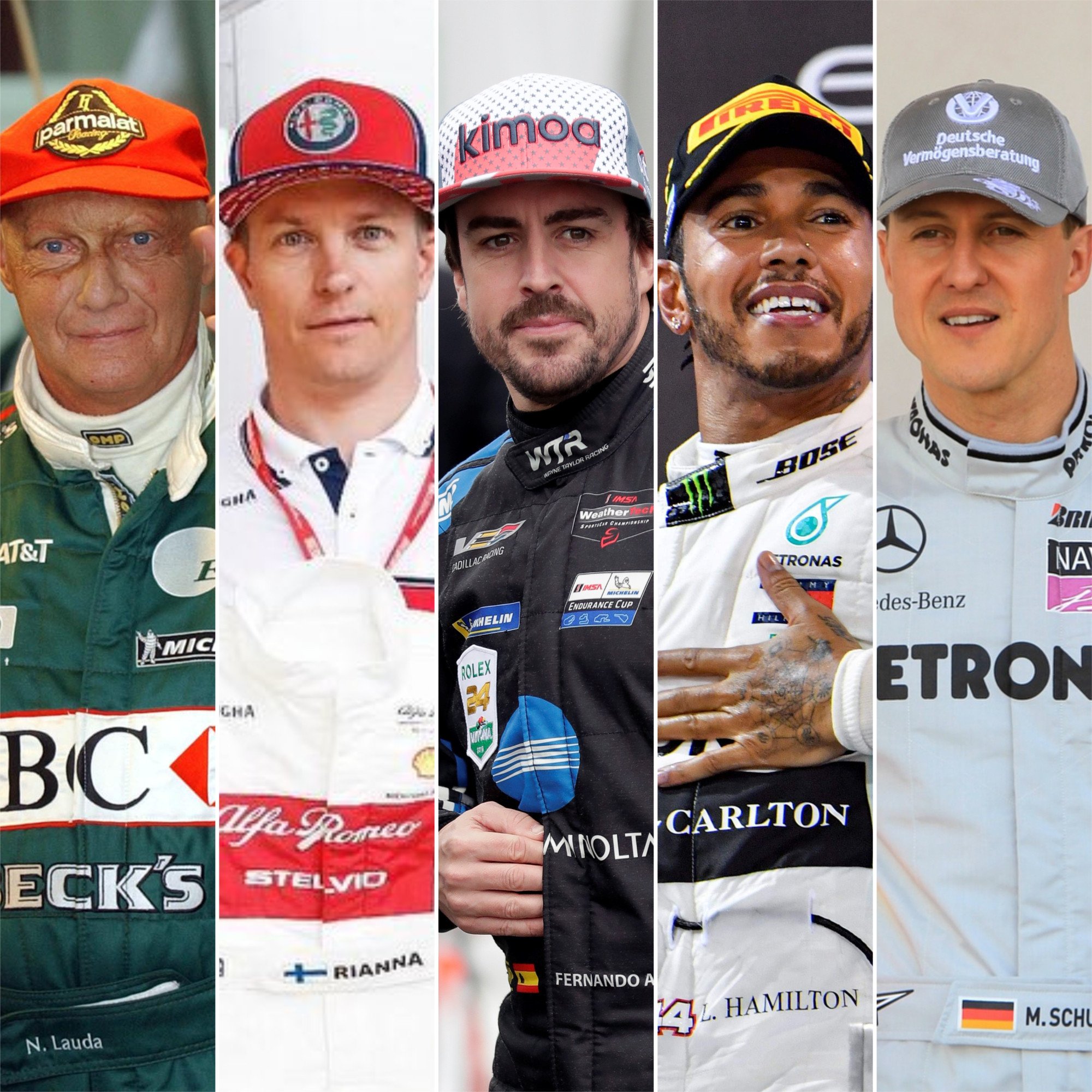 The richest Formula One drivers of all time, ranked by net worth, including from left, Niki Lauda, Kimi Räikkönen, Fernando Alonso, Lewis Hamilton and Michael Schumacher. Photo (left to right): AFP; @kimimatiasraikkonen/Instagram; AP; AFP; @michaelschumacher/Instagram