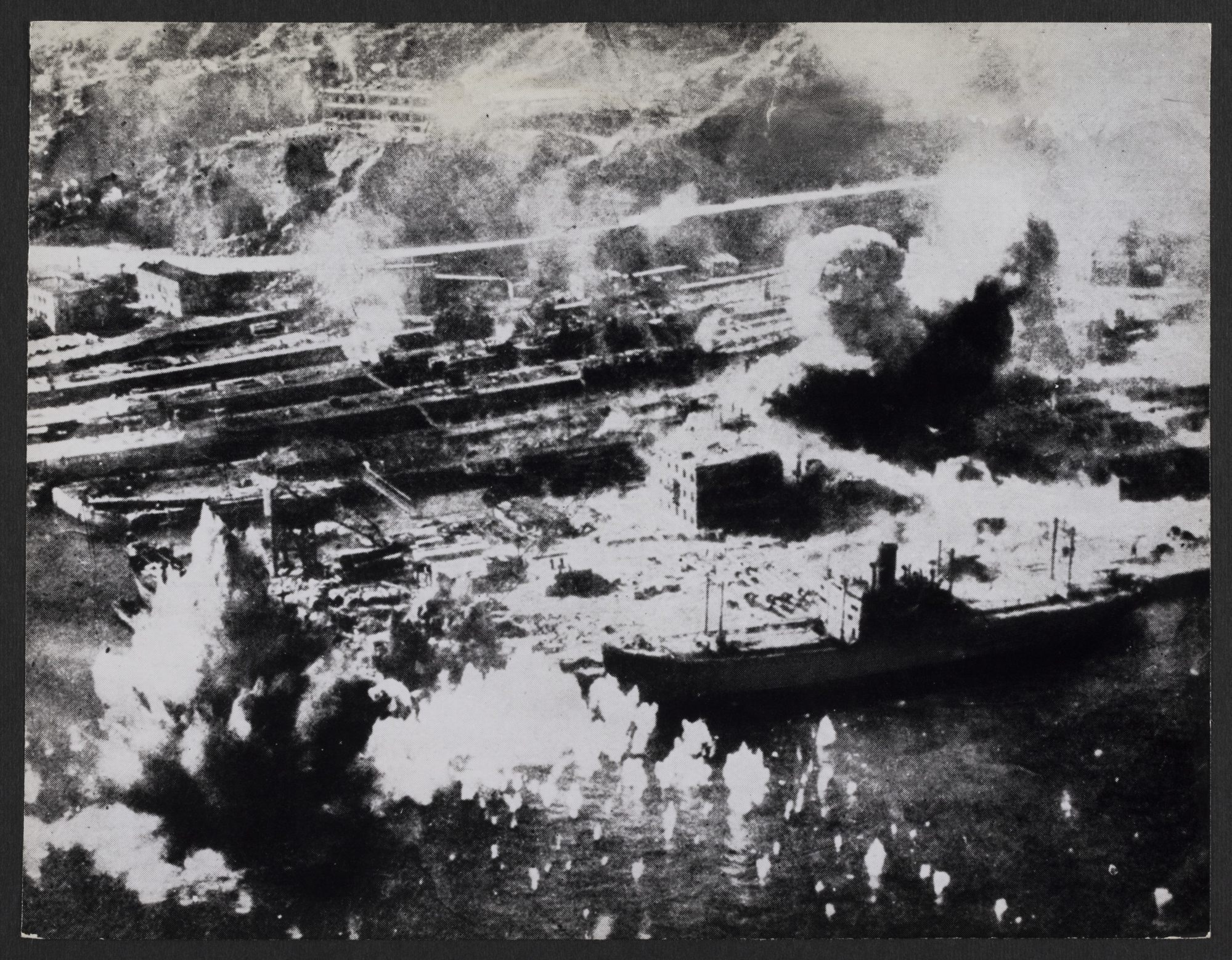 An aerial view of Japanese shipping in Hong Kong under attack by US naval aircraft in 1945, on display at the Hong Kong Maritime Museum. Photo: Hong Kong Maritime Museum