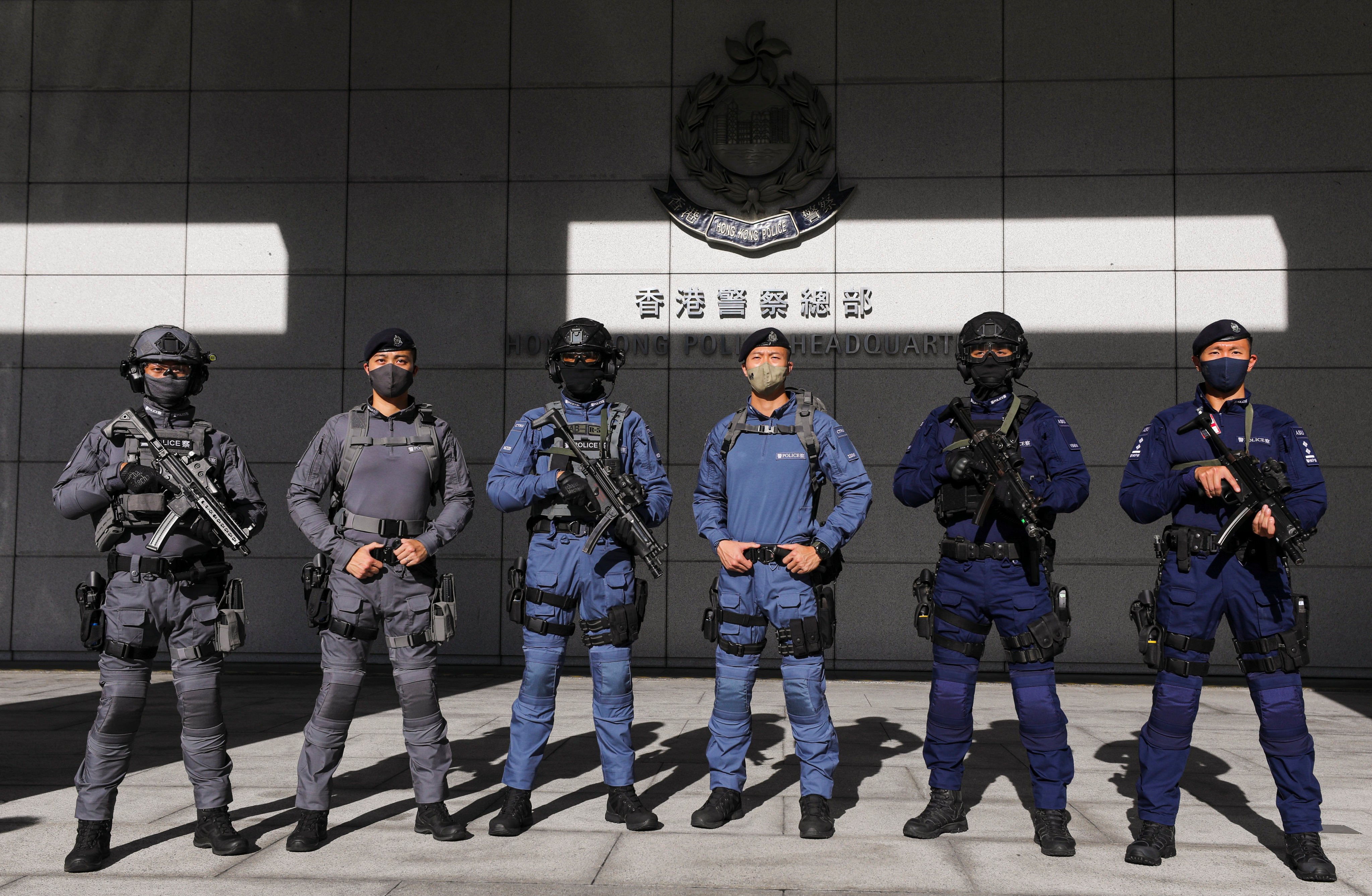 The new uniforms (left to right): the Railway Response Team’s full kit and light kit; the Counter Terrorism Response Unit’s full and light kit; and the Airport Security Unit’s full and light kit. Photo: Xiaomei Chen