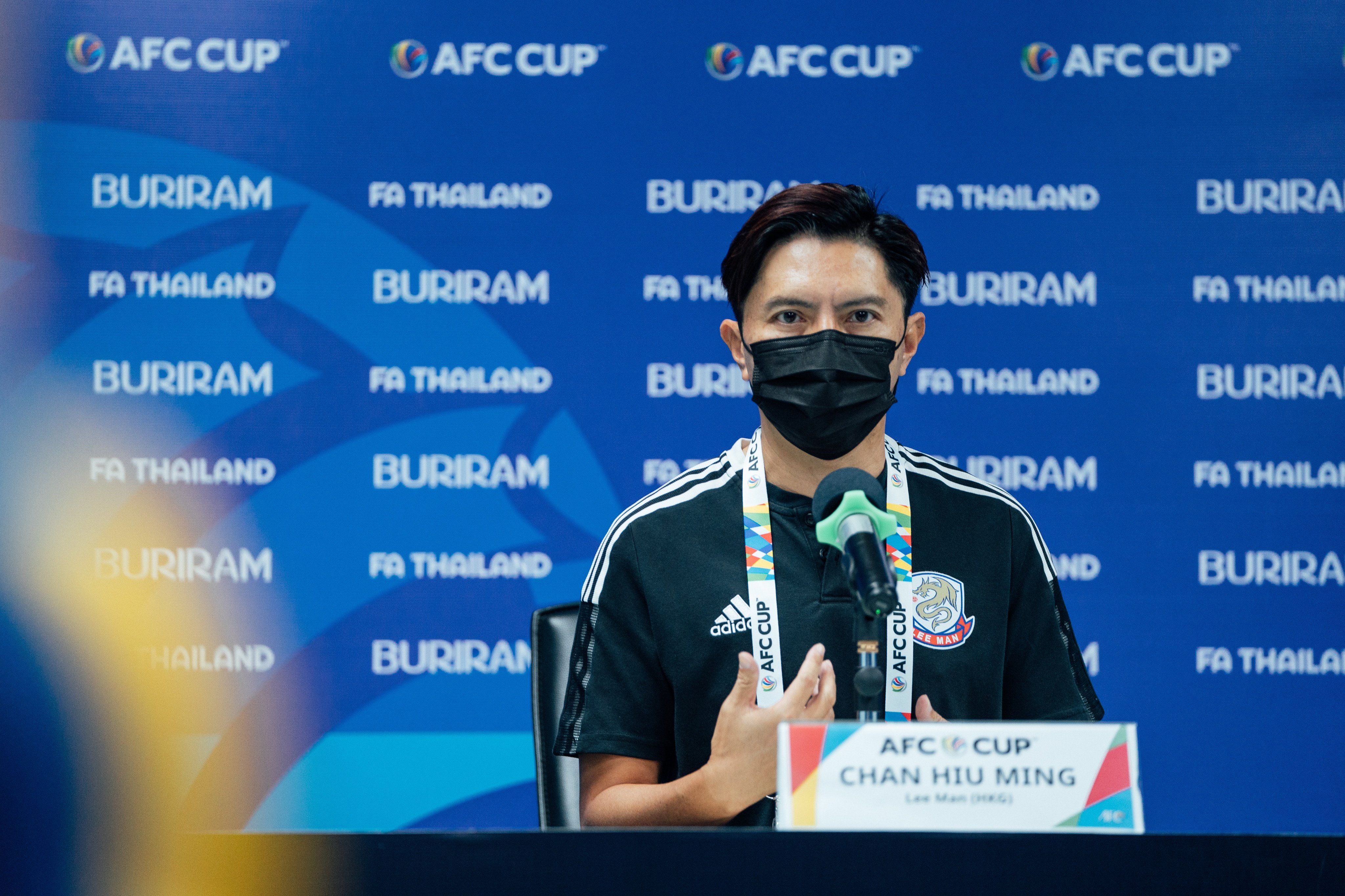 Lee Man head coach Chan Hiu-ming at the pre-match press conference against Tainan City of Taiwan in the AFC Cup. Photo: Lee Man
