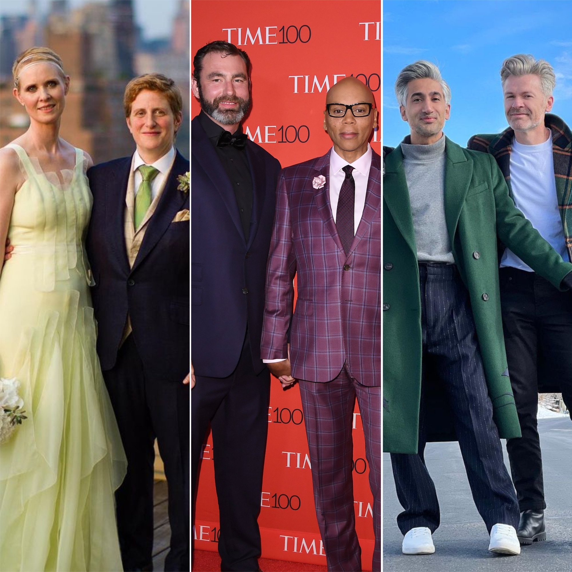 Three LGBT couples that have been together for more a decade: Cynthia Nixon and Christine Marinoni, RuPaul and Georges LeBar, Tan France and his husband Rob France. Photo: @cynthiaenixon/Instagram; Angela Weiss/AFP Photo; @tanfrance/Instagram