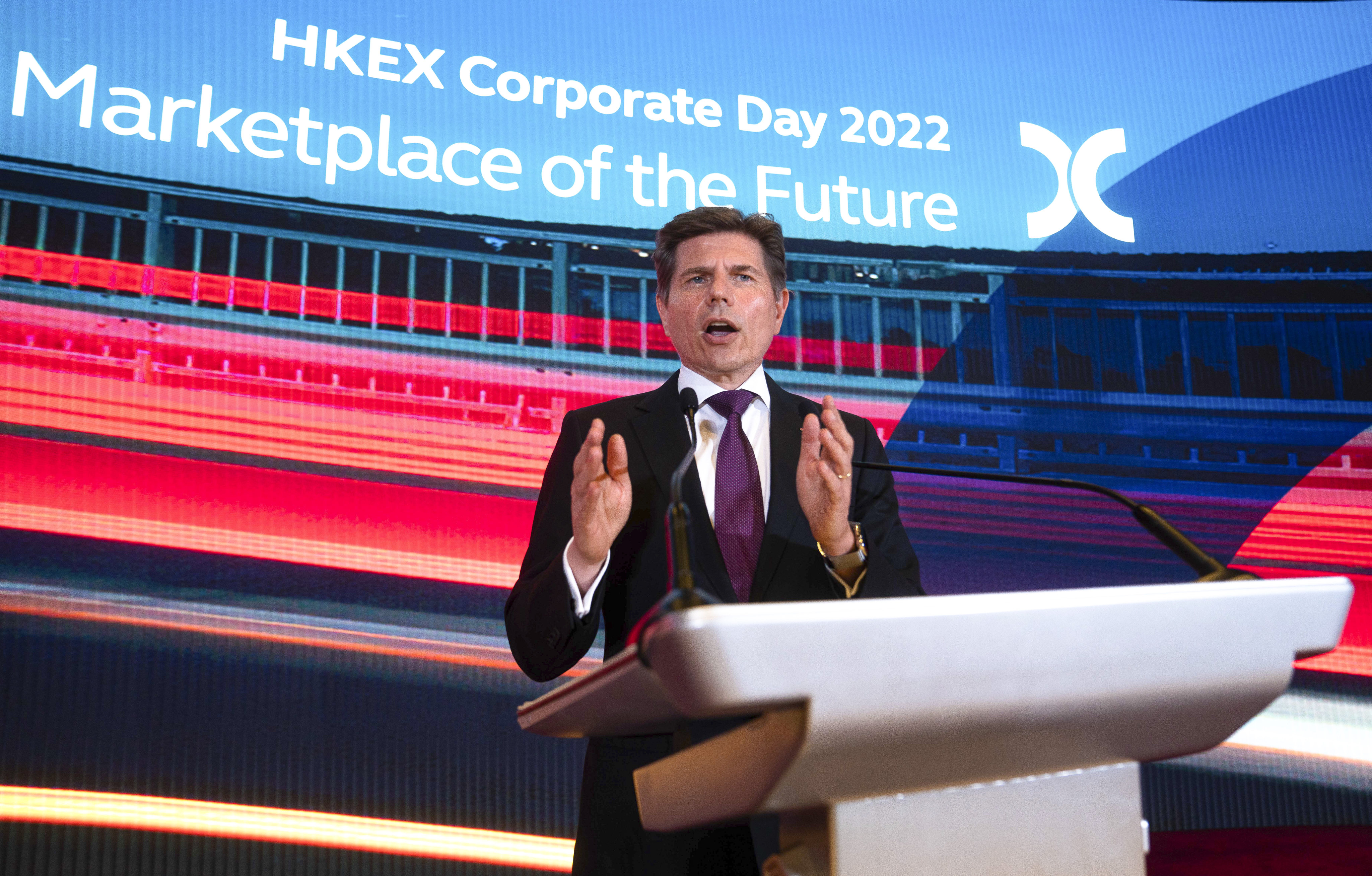 HKEX chief executive Nicolas Aguzin speaks during the the exchange’s  Corporate Day on March 29, 2022. Photo: Handout