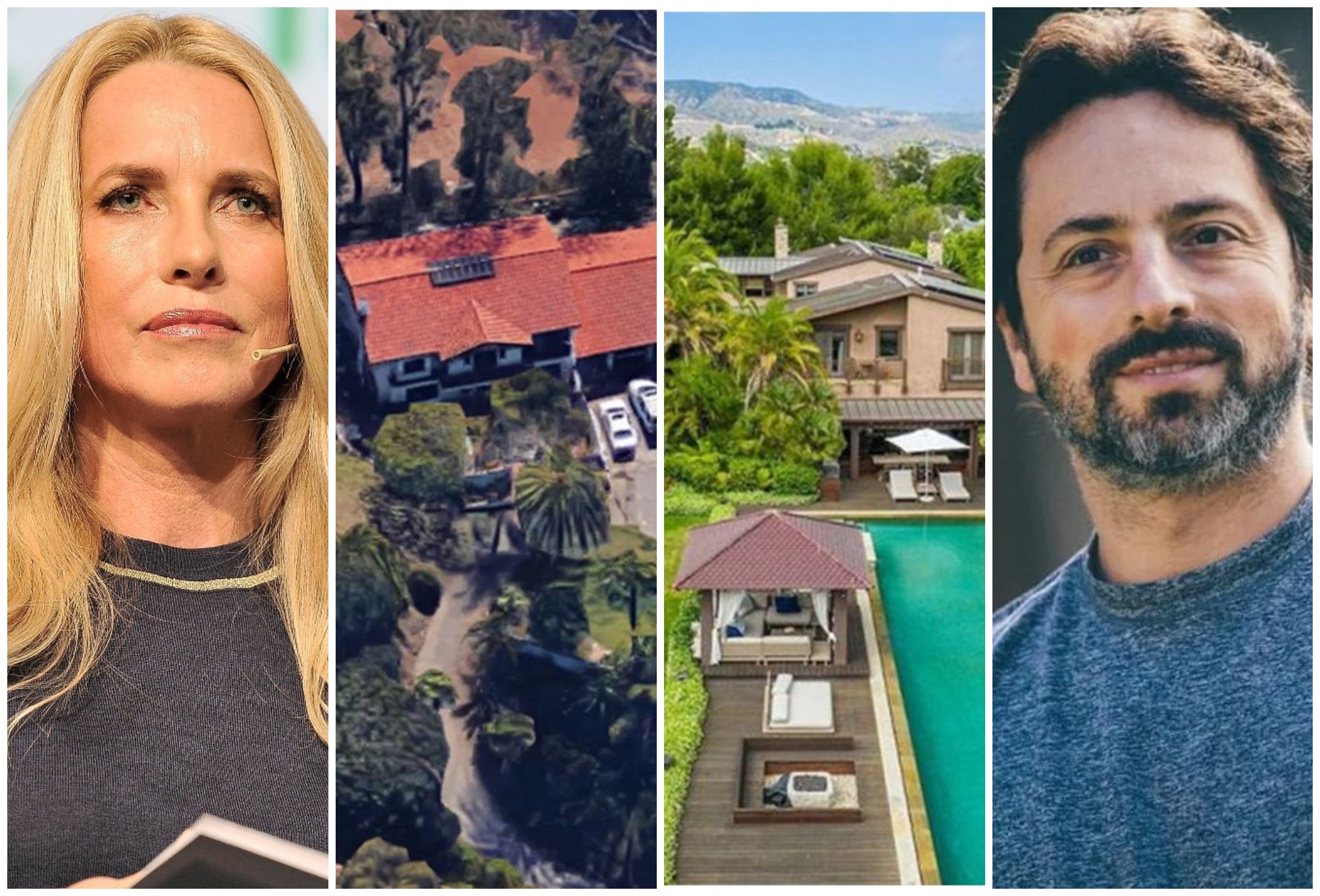 Laurene Powell Jobs’ house and Sergey Brin’s Malibu mansion, previously owned by Pink. Photos: @jlaurenepowell, @thebiographypen/Instagram; Dirt.com; MLS