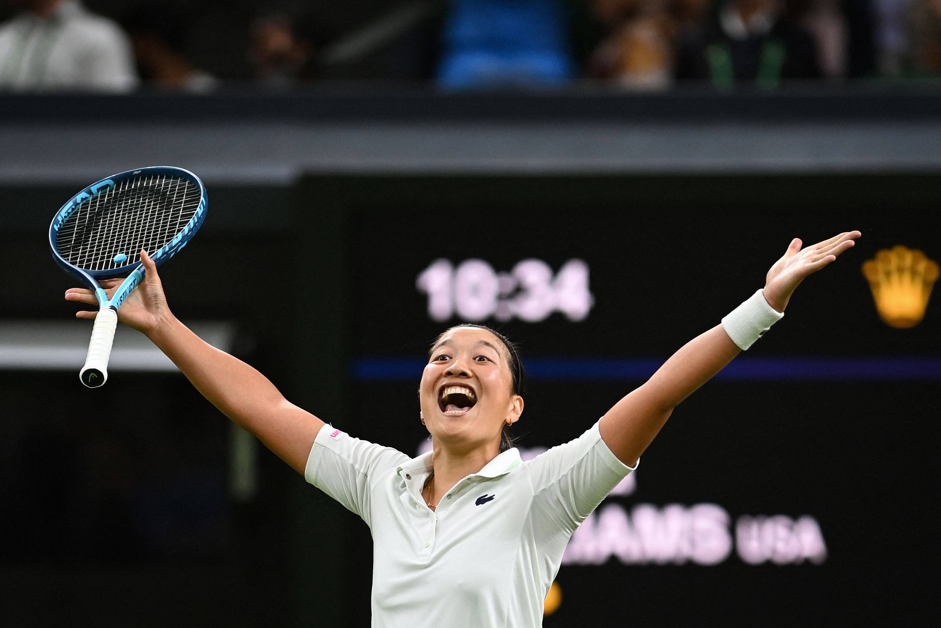 France’s Harmony Tan celebrates after beating Serena Williams at Wimbledon. Photo: AFP