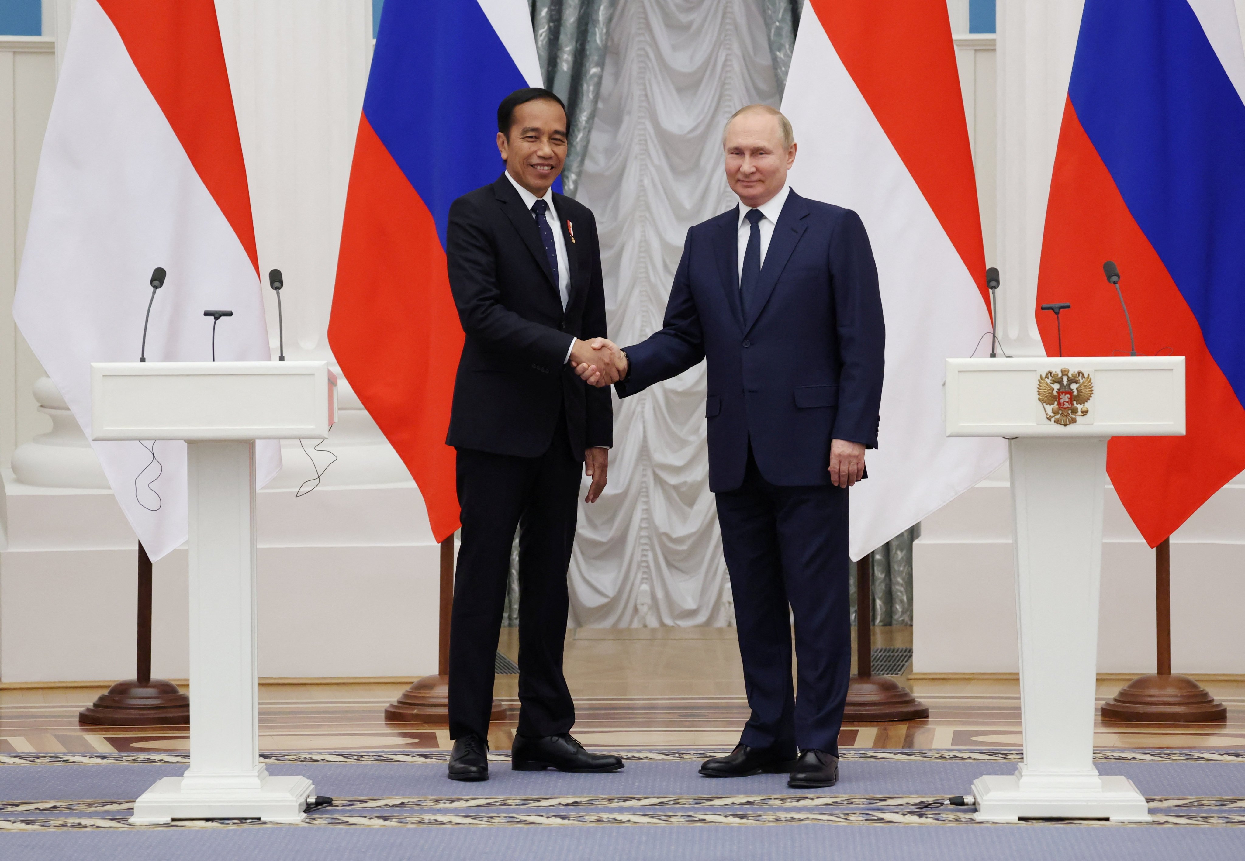 Russian President Vladimir Putin shakes hands with Indonesian President Joko Widodo on June 30, 2022. Photo: Sputnik via Reuters