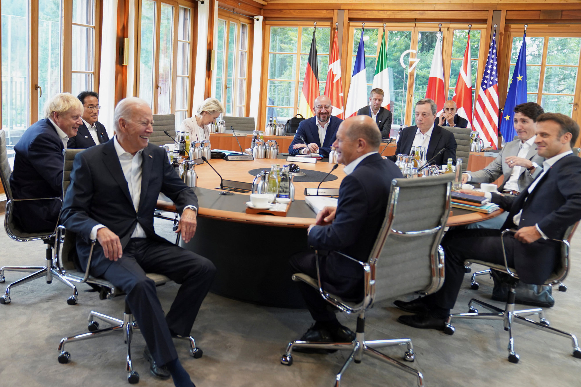 Britain’s Prime Minister Boris Johnson, Japan’s Prime Minister Fumio Kishida, US President Joe Biden, European Commission President Ursula von der Leyen, Germany’s Chancellor Olaf Scholz, France’s President Emmanuel Macron, Canadian Prime Minister Justin Trudeau and Italy’s Prime Minister Mario Draghi are among those seen attending a meeting during the G7 Leaders’ Summit at Bavaria’s Schloss Elmau, near Garmisch-Partenkirchen, Germany, on June 28. Photo: Reuters