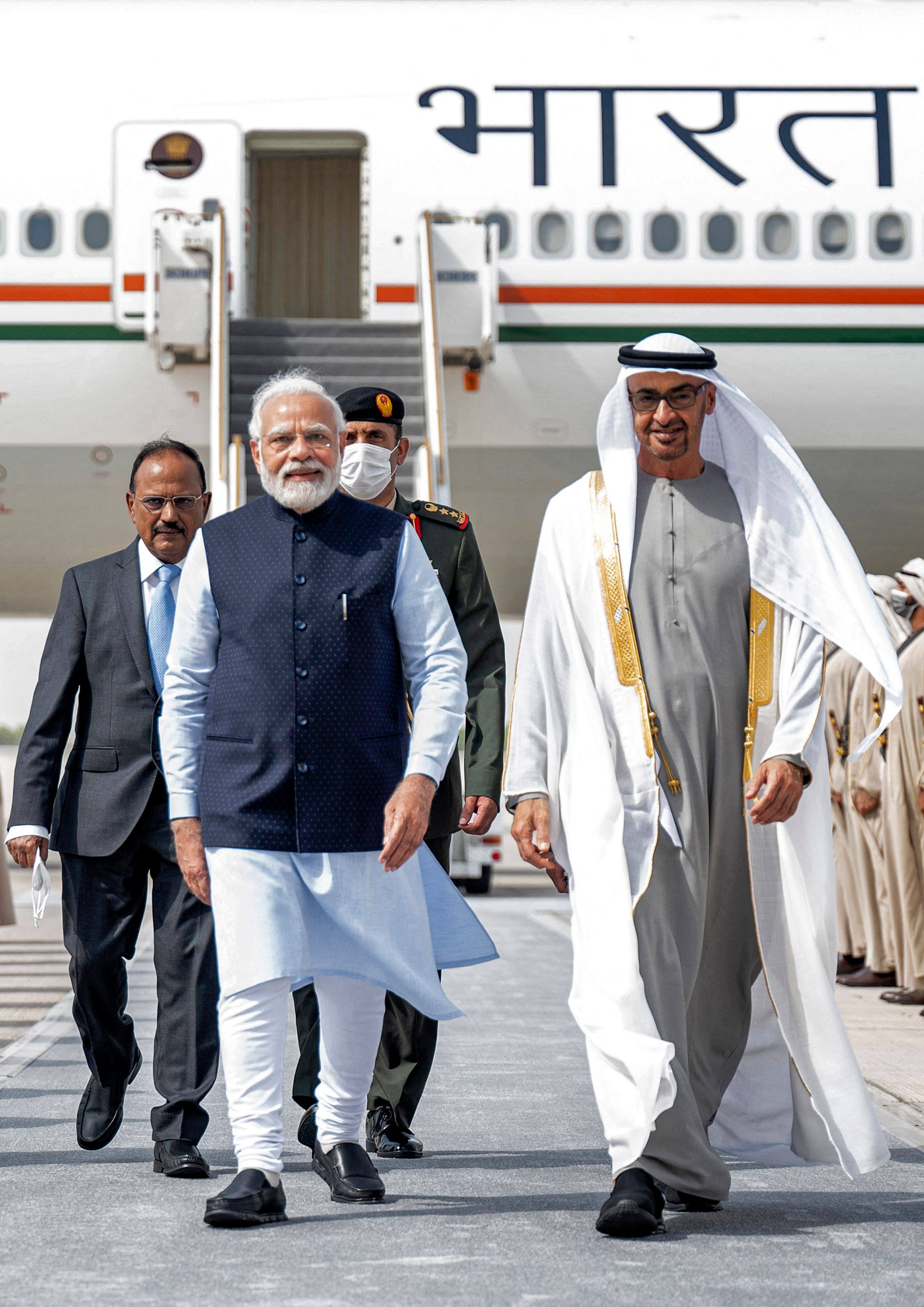 UAE President Sheikh Mohammed bin Zayed Al Nahyan receiving India’s Prime Minister Narendra Modi at the presidential airport in Abu Dhabi on Tuesday. Photo: AFP via UAE’s Ministry of Presidential Affairs 