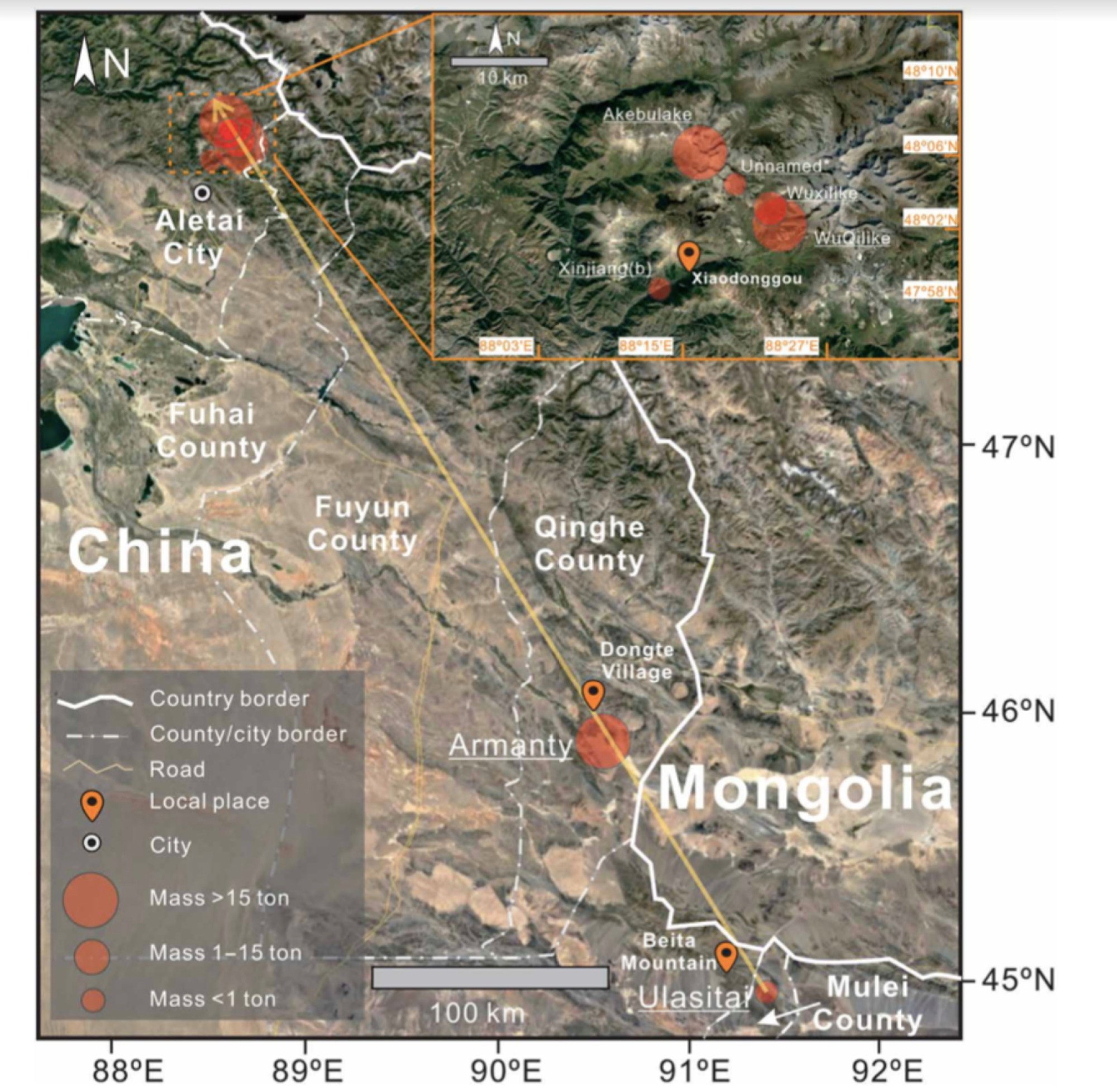 Sites where the Aletai meteorites have been found in China’s Xinjiang region. Photo: Handout