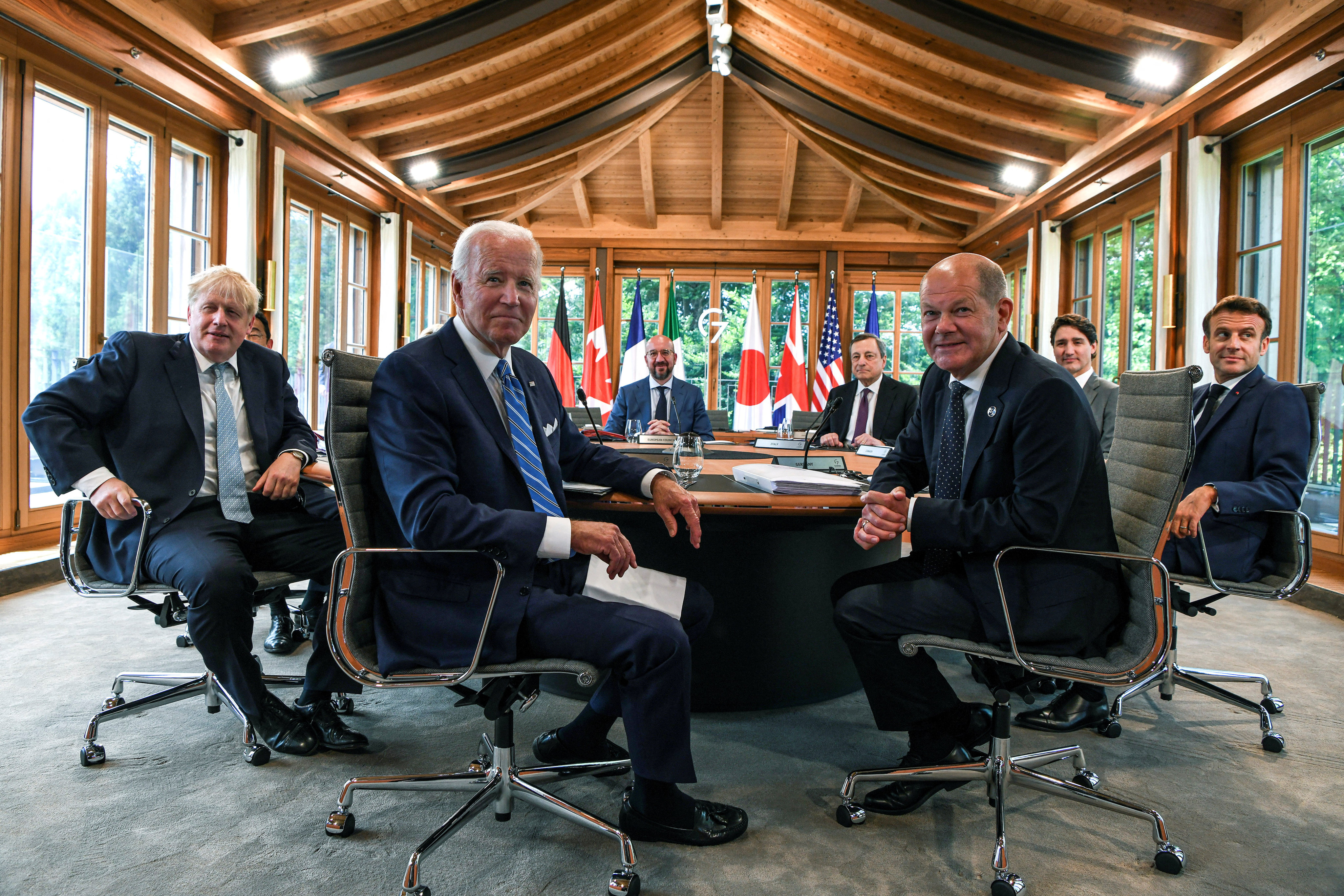 US President Joe Biden attends a working lunch with other G7 leaders to discuss shaping the global economy, at the Yoga Pavilion, Schloss Elmau in Kuren, Germany, on June 26. Photo: Reuters