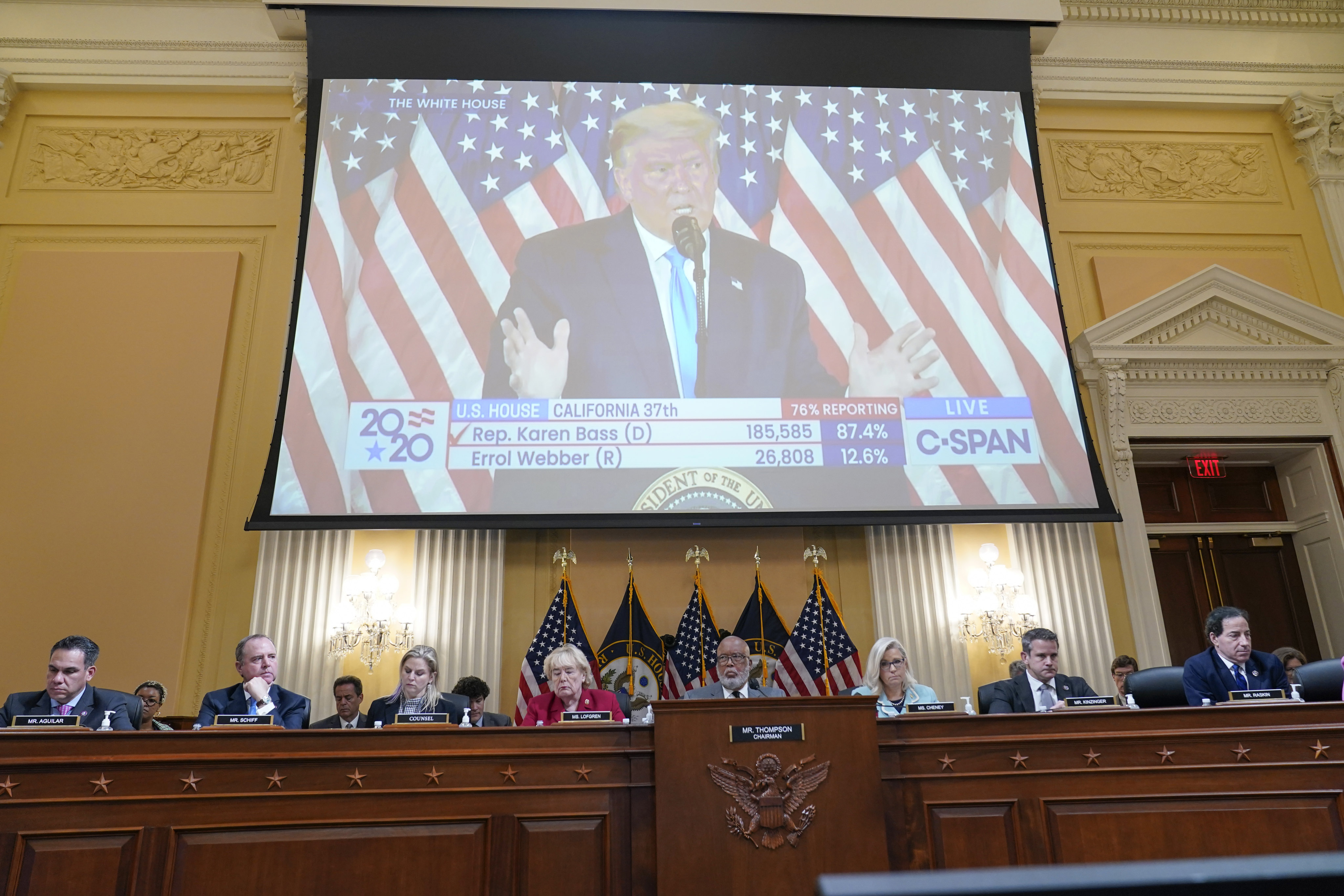 A video of former US President Donald Trump speaking is displayed on June 13 as the House select committee investigating the January 6, 2021 attack on the US Capitol continues to reveal its findings of a year-long investigation. Photo: AP 