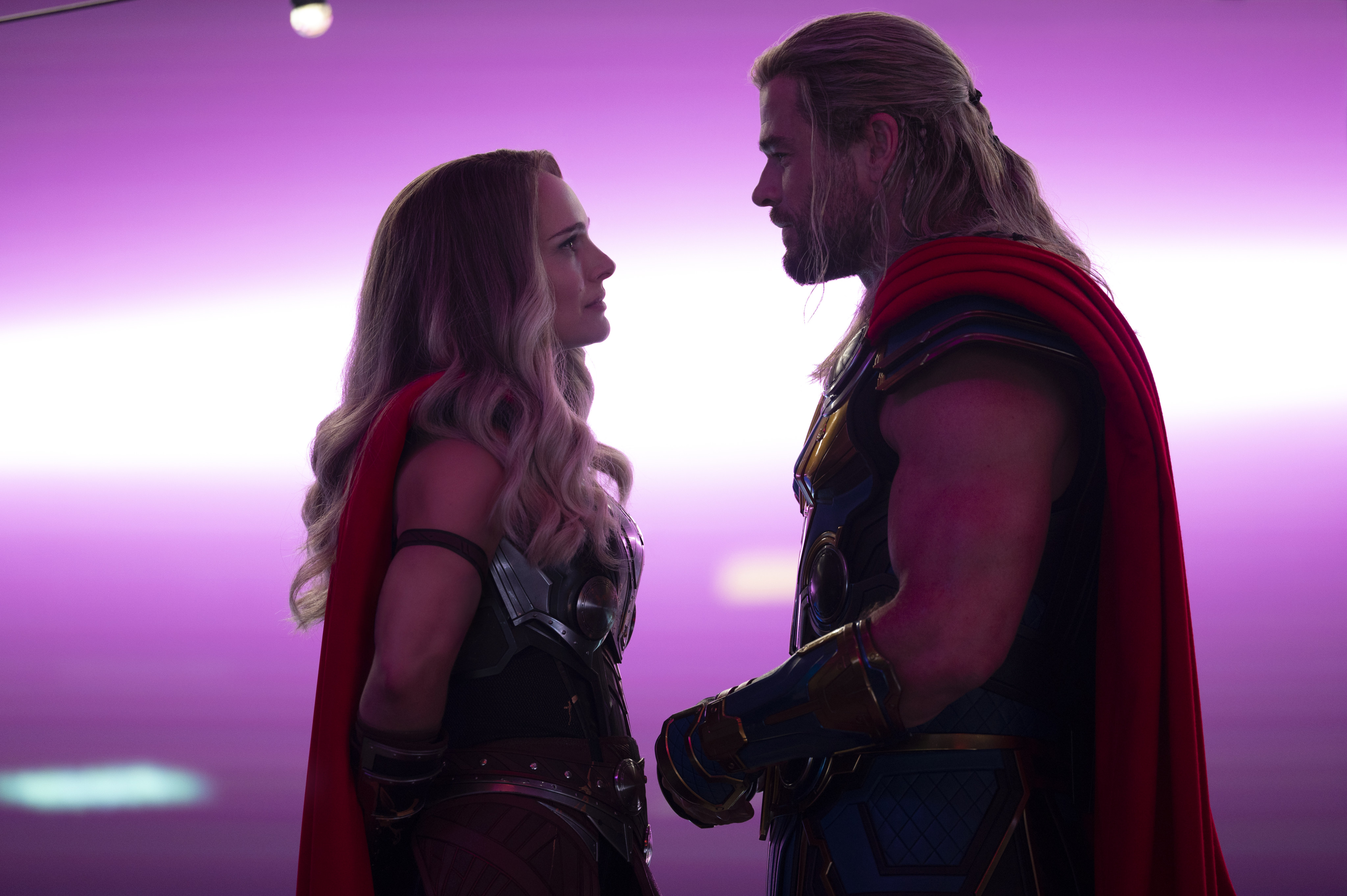 Natalie Portman (left) as Mighty Thor and Chris Hemsworth as Thor in a still from Thor: Love and Thunder. Photo: Jasin Boland/Marvel Studios.