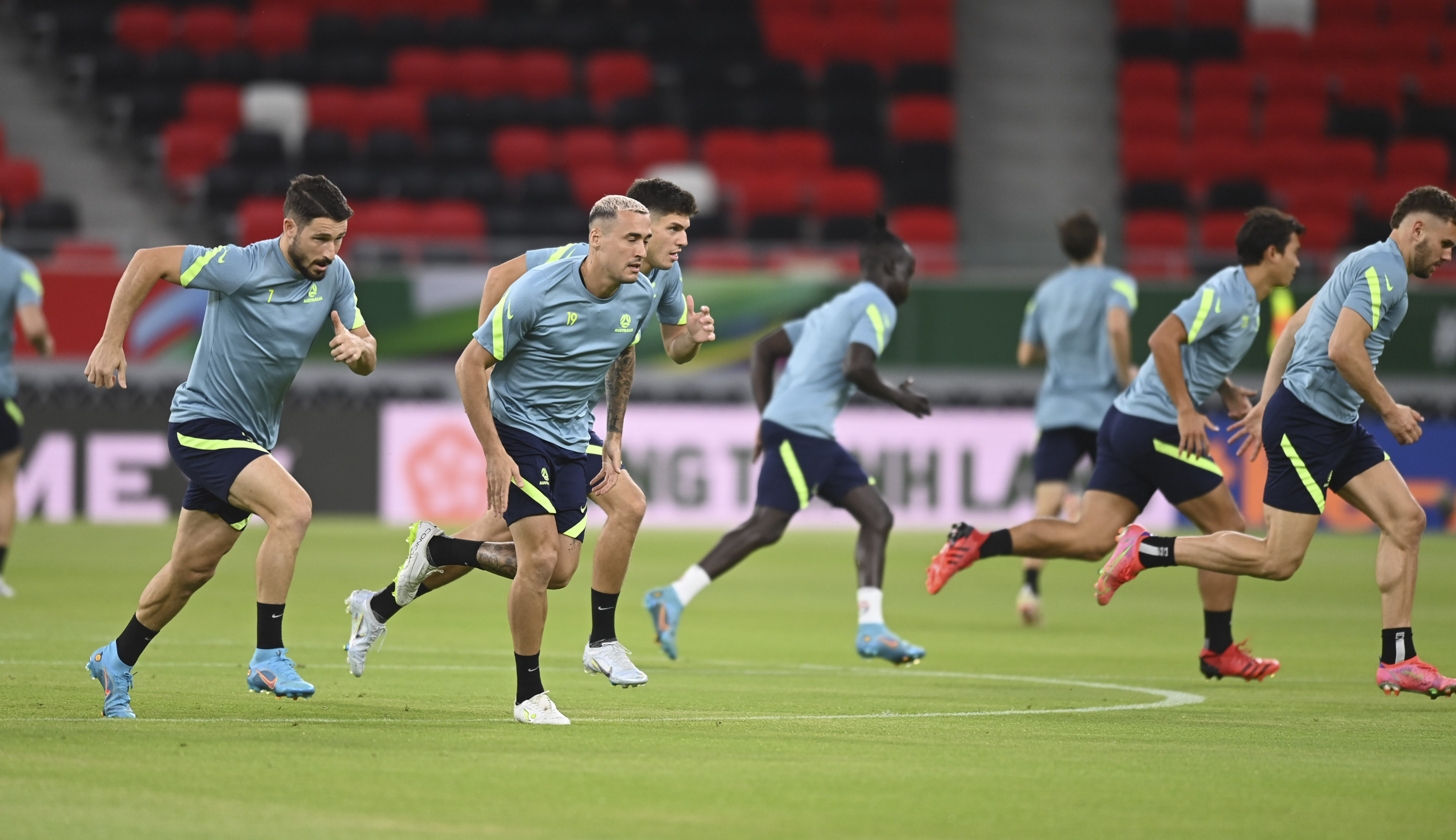 Australian players take part in a training session ahead of the World Cup Asian qualifiers against UAE. Photo: Xinhua