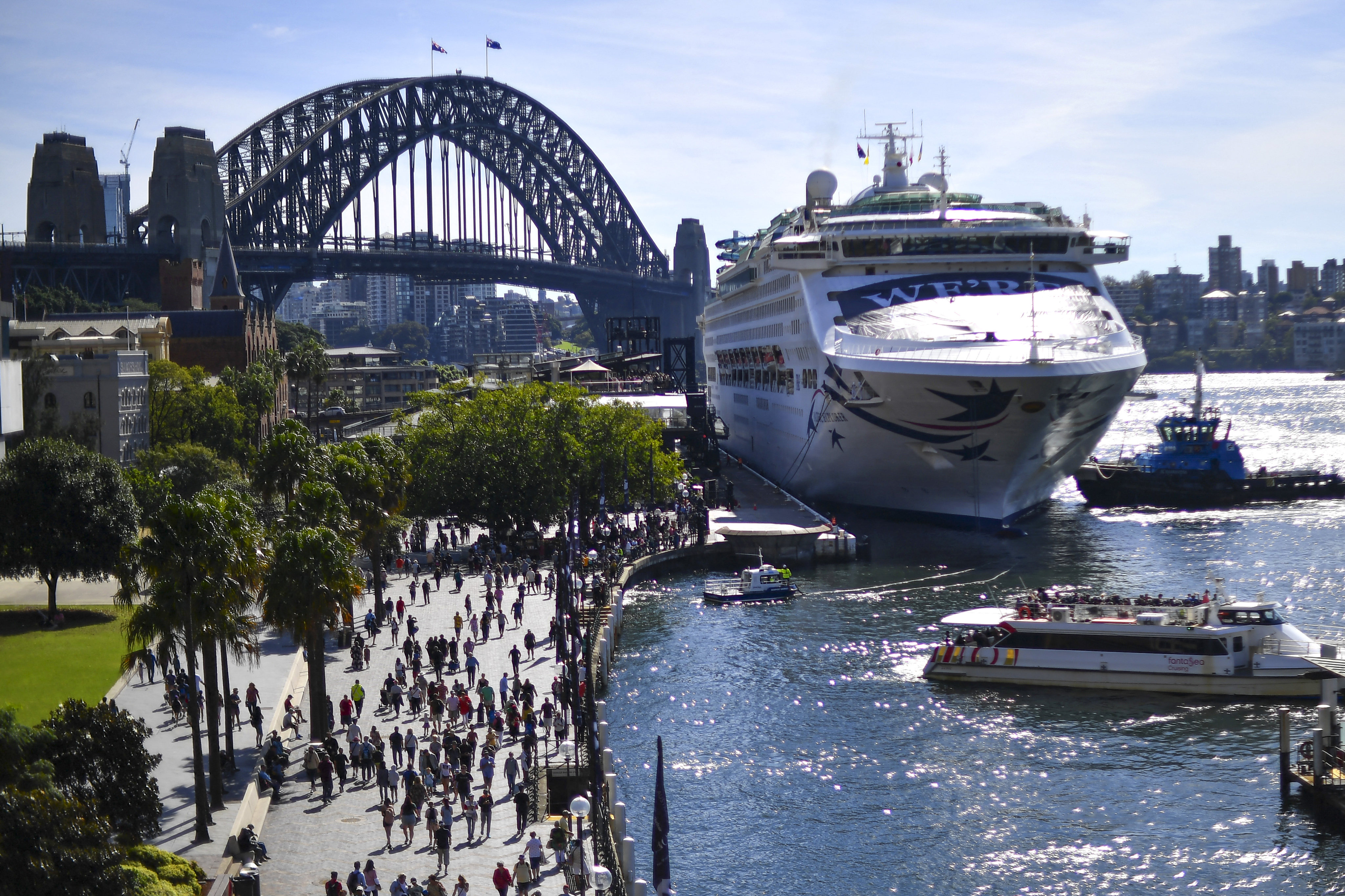 The Pacific Explorer makes its way to dock at the overseas passenger terminal on Sydney Harbour on April 18, 2022. Photo: AFP