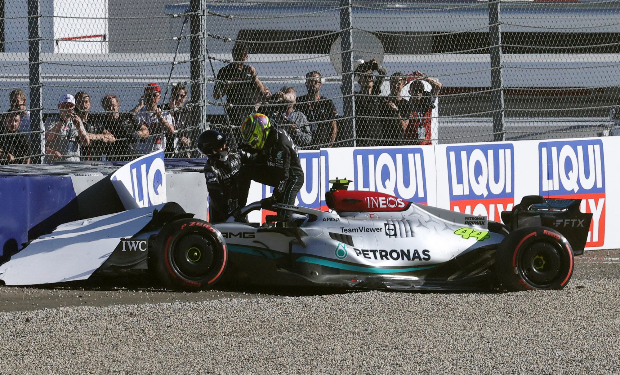 Mercedes’ Lewis Hamilton after crashing during qualifying. Photo: Reuters