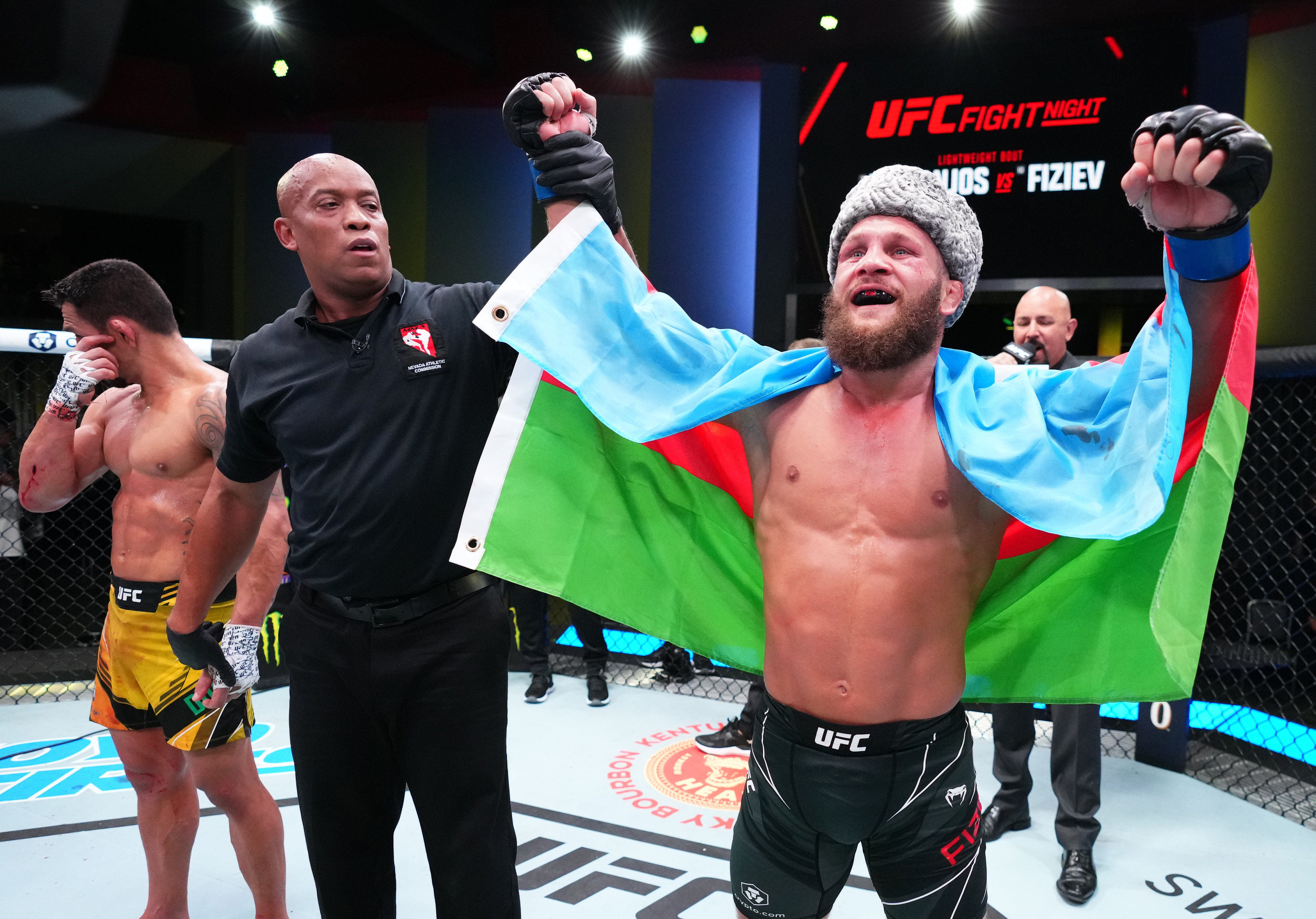 Rafael Fiziev celebrates after his knockout victory over Rafael Dos Anjos. Photo: Zuffa LLC