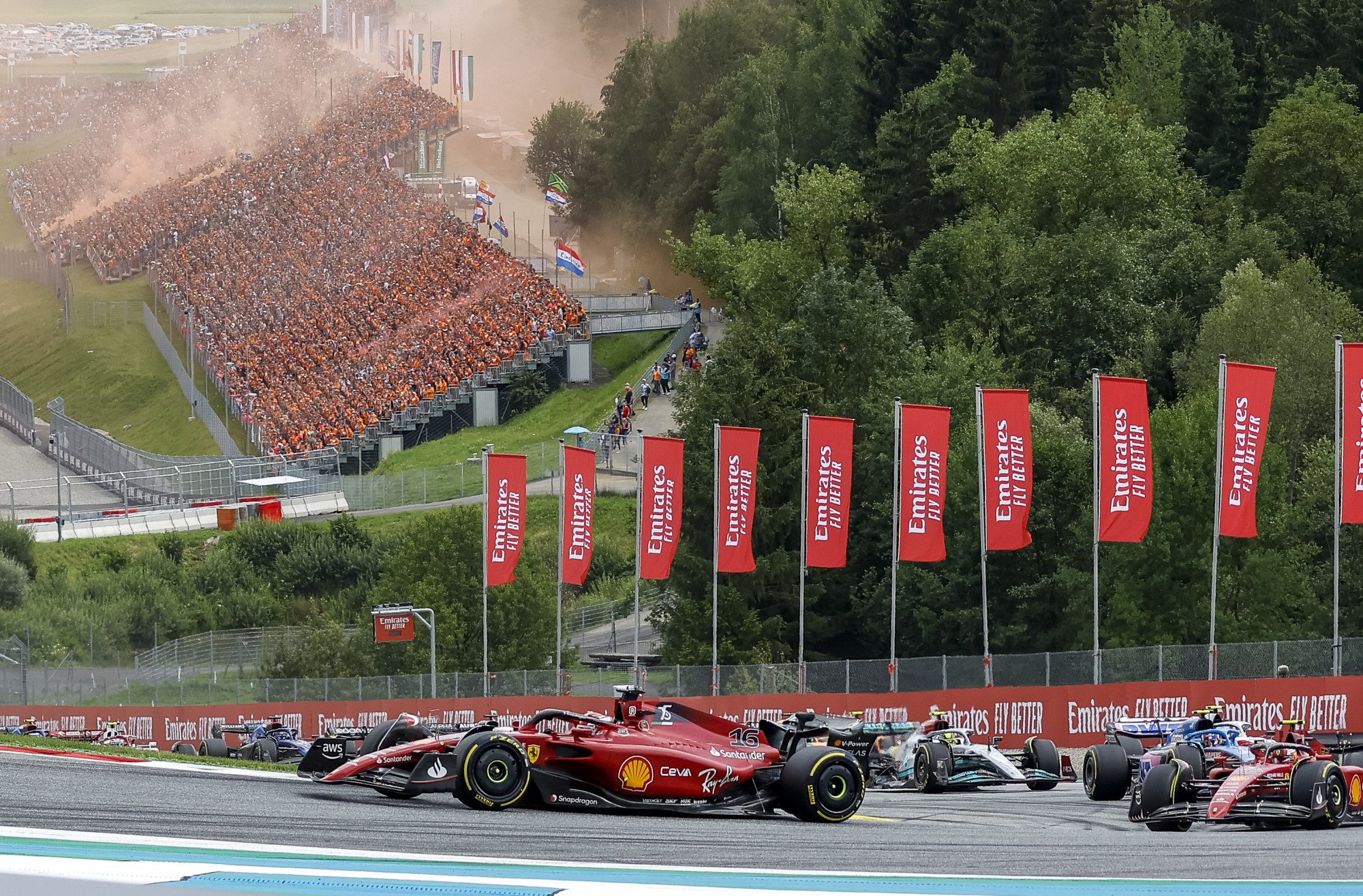 Ferrari’s Charles Leclerc leads the way around the Red Bull Ring. Photo: DPA
