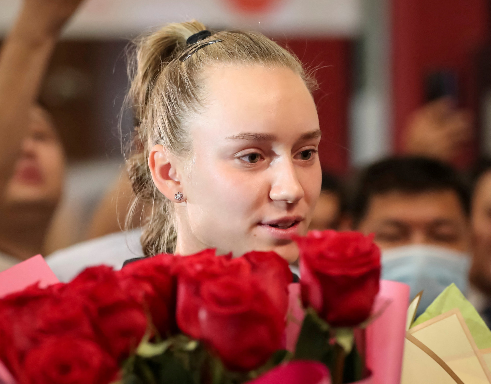 Wimbledon winner Elena Rybakina is welcomed on arrival to Nur-Sultan, Kazakhstan, on July 11. Photo: Reuters