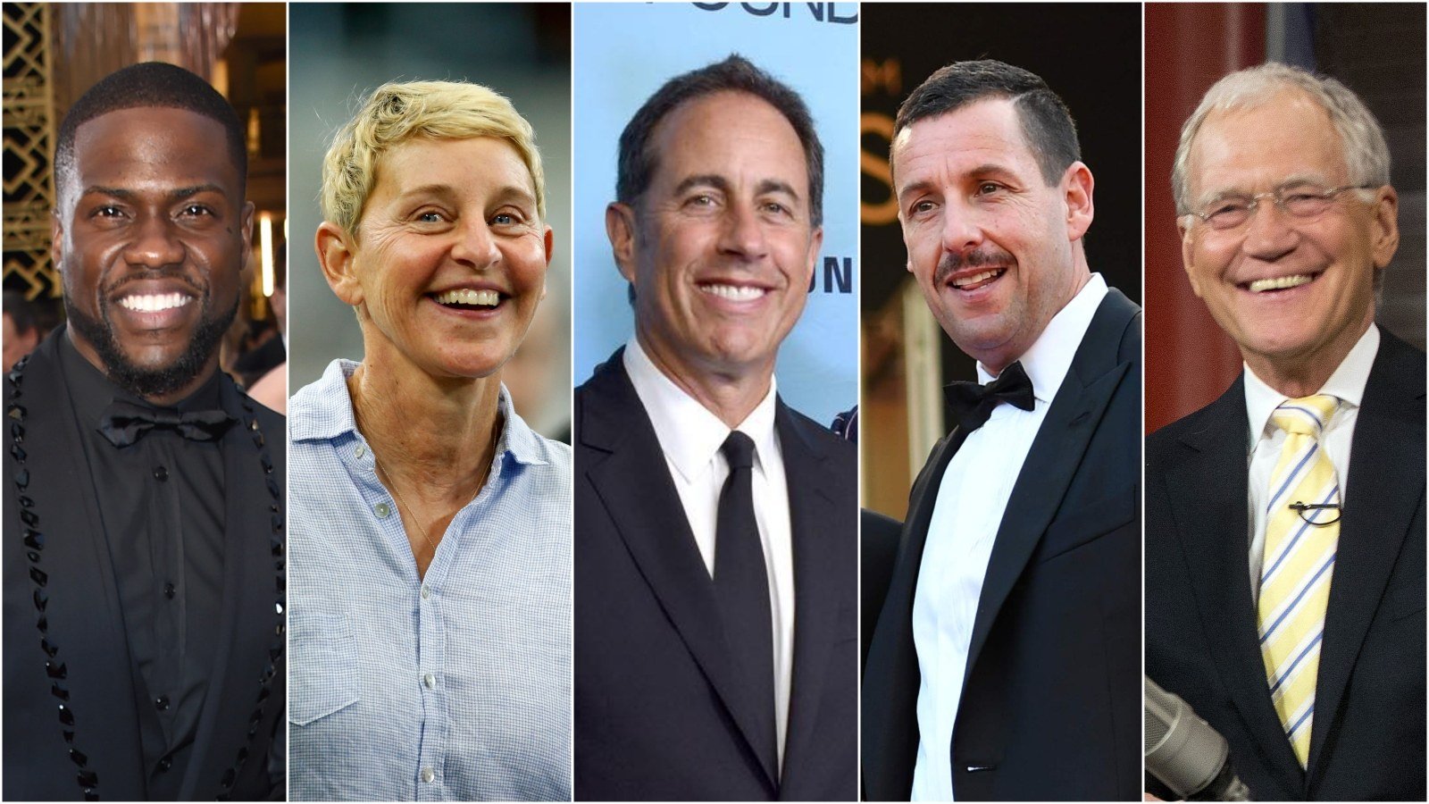 Laughing all the way to the bank: wealthy comedians Kevin Hart, Ellen DeGeneres, Jerry Seinfeld, Adam Sandler and David Letterman. Photos: AP, USA Today Sports, @jerryseinfield/Instagram, AFP