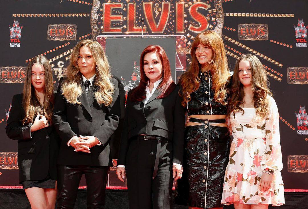 Lisa-Marie and Priscilla Presley (centre left and centre right) with Elvis Presley’s grandchildren: Harper and Finley Lockwood (far left and far right) and Riley Keough (second from the right). Photo: @rileykeough/Instagram