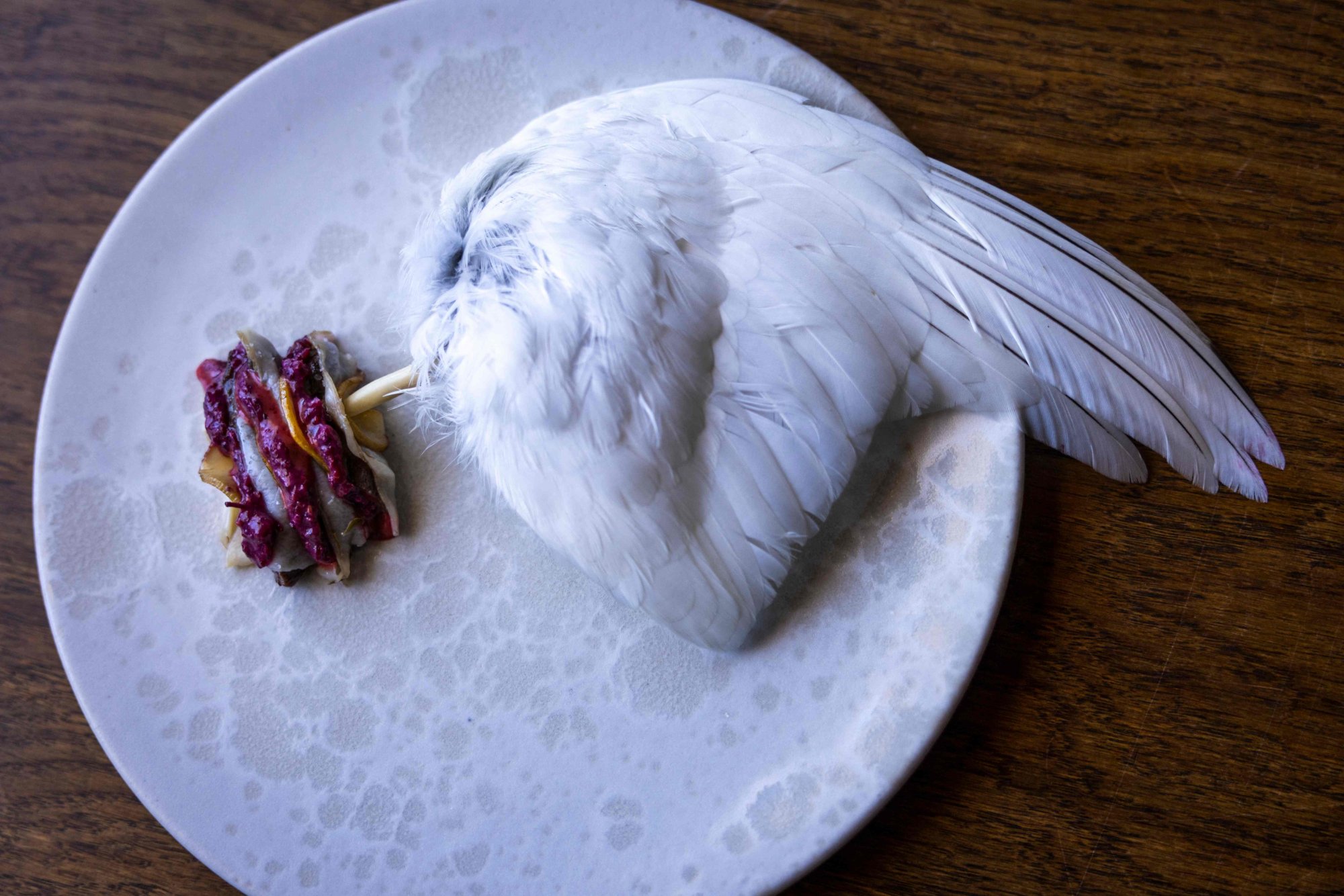 Ptarmigan and blackcurrant salsa on a grouse wing. Photo: AFP