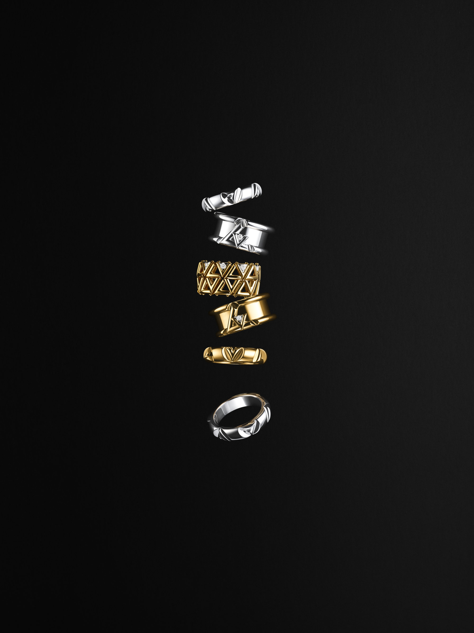 Rings from Louis Vuitton’s Volt jewellery line.