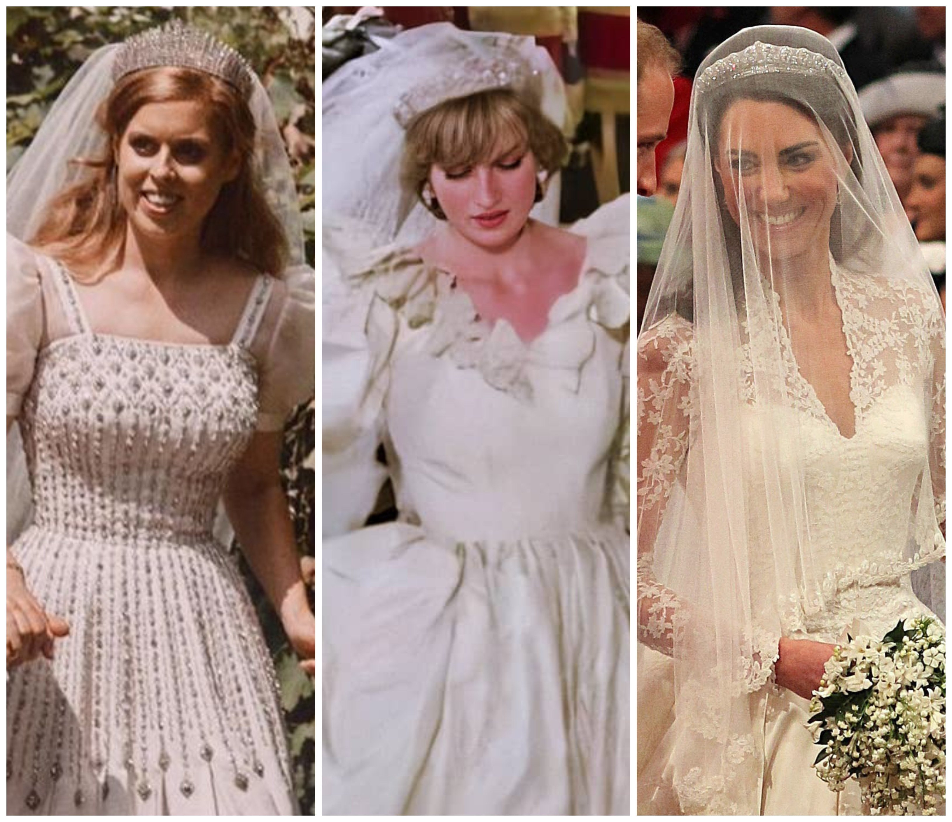 Between Princess Beatrice, Princess Diana and Kate Middleton, which British royal had the best wedding dress? Photos: @edomapellimozzi, @theprincesschronicle/Instagram, Reuters