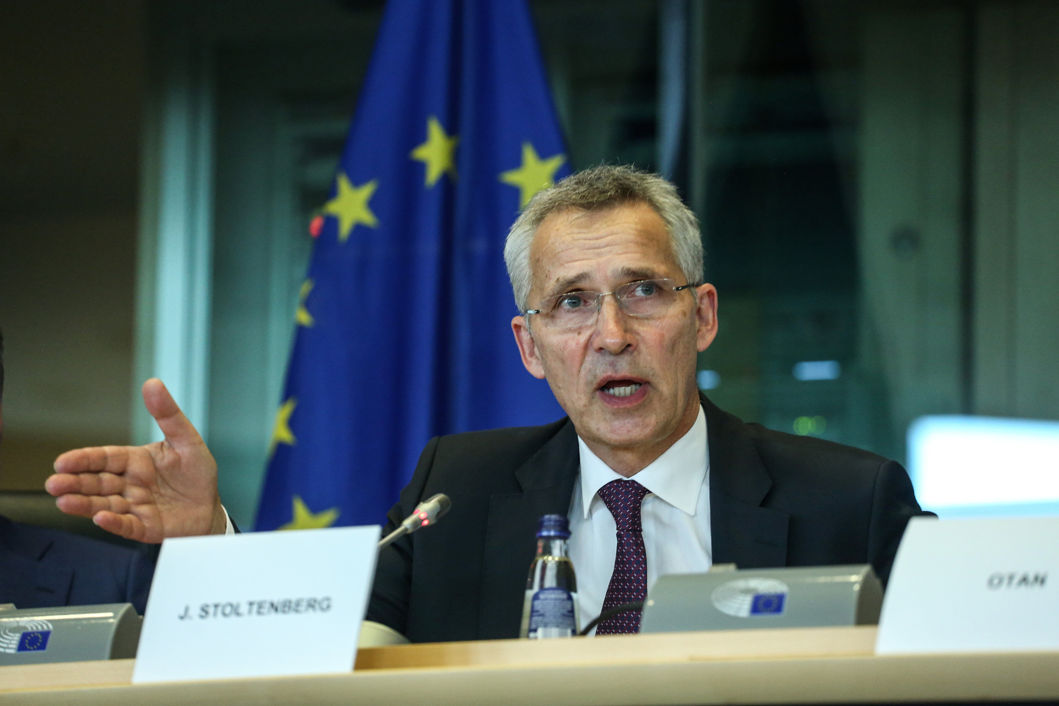 Nato Secretary General Jens Stoltenberg speaking on Wednesday at a joint meeting in Brussels of the European Parliament Committee on Foreign Affairs and the Subcommittee on Security and Defence to discuss the Nato summit decisions and on cooperation between Nato and the European Union. Photo: ZUMA Press Wire/dpa