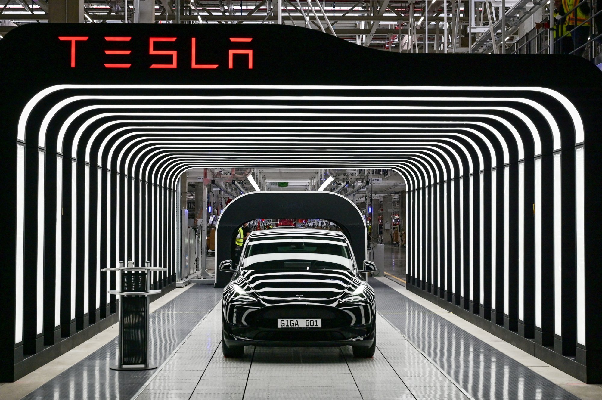 A car at opening ceremony of the new Tesla Gigafactory in Germany, on March 22. Photo: Reuters