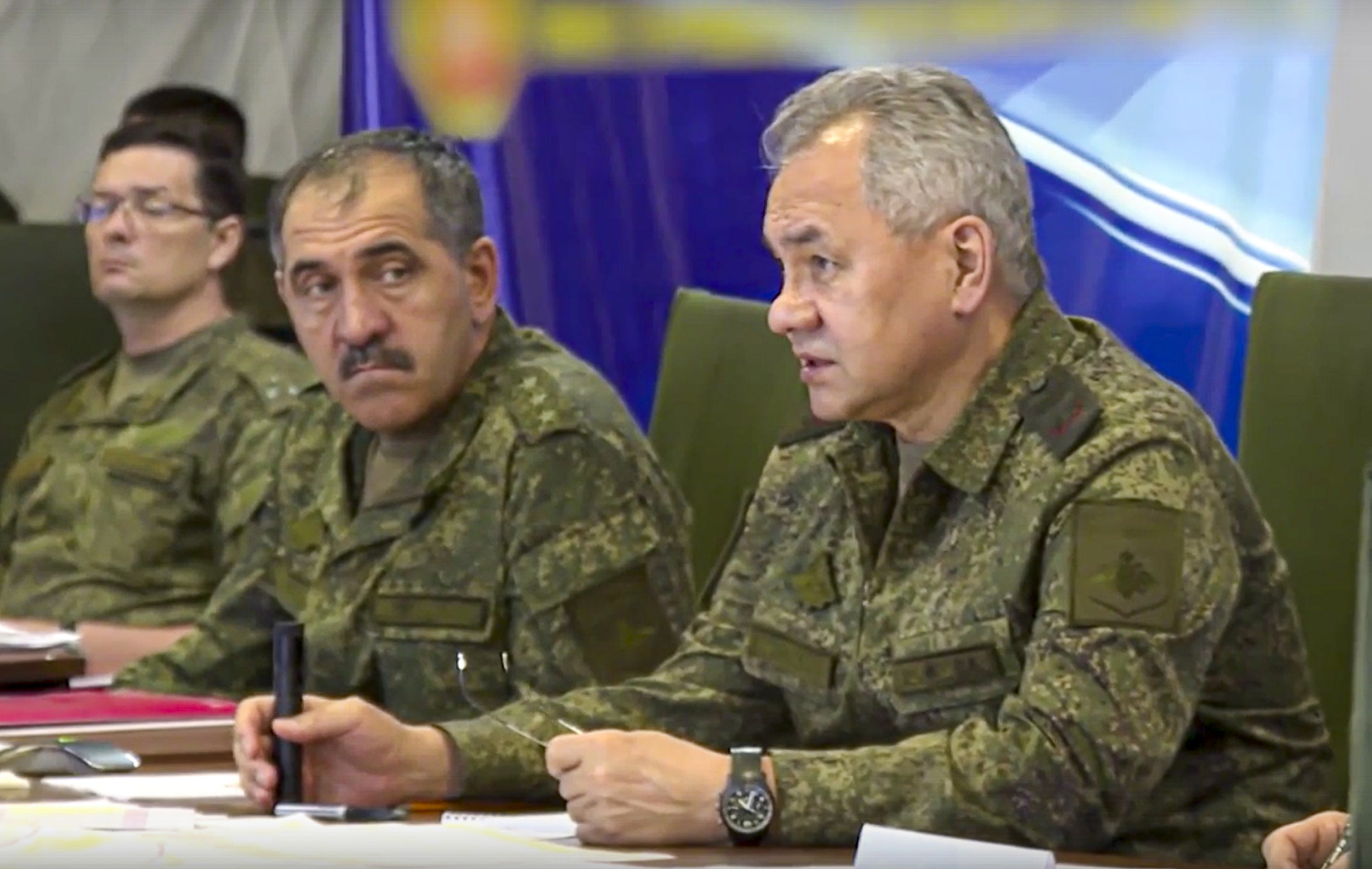 Russian Defence Minister Sergei Shoigu, right, during an inspection of the Vostok battlegroup at an undisclosed location. Photo: Russian Defence Ministry Press Service