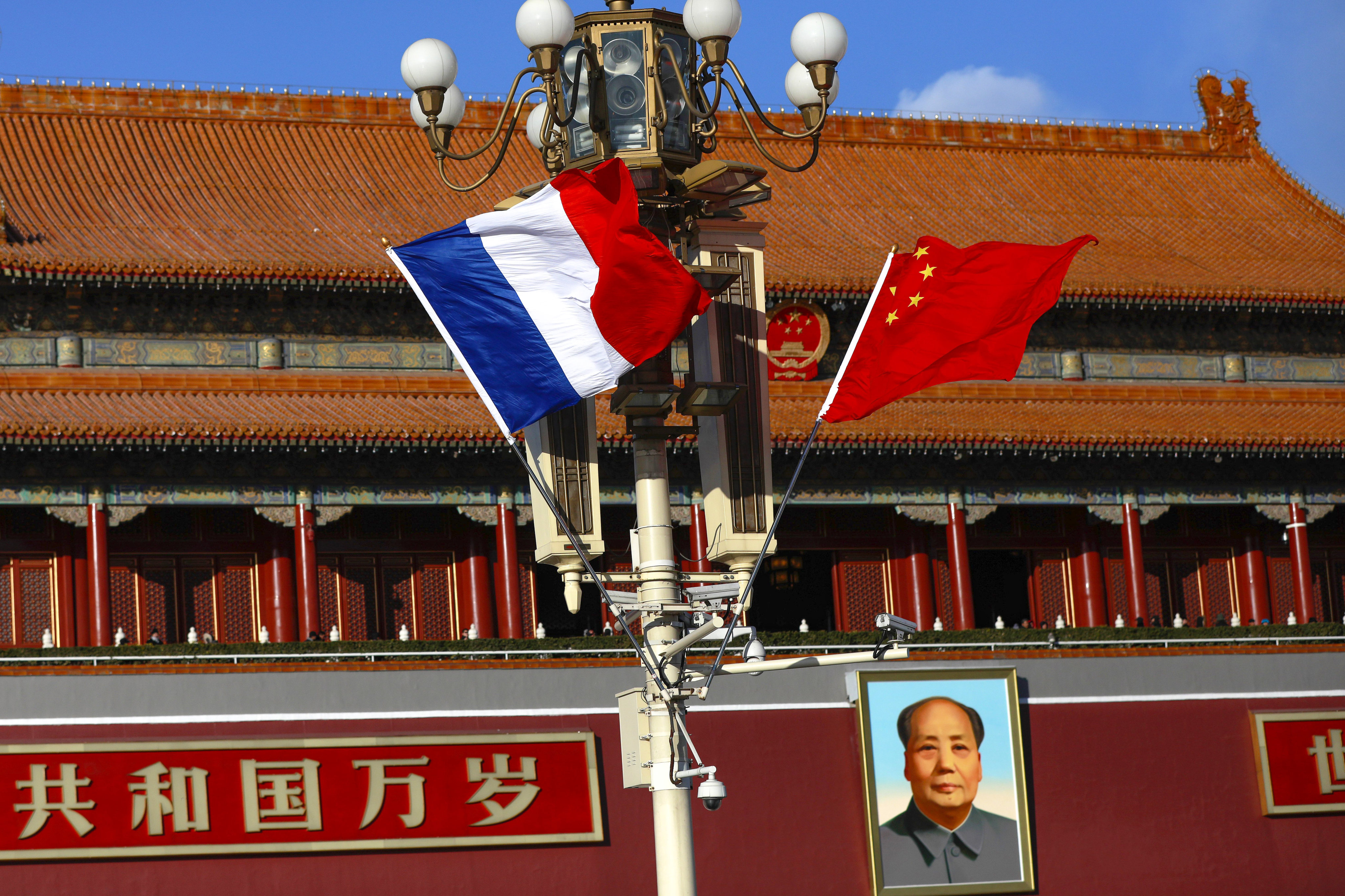 The national flags of France and China in Beijing during President Emmanuel Macron’s official visit in 2018. Photo: EPA-EFE