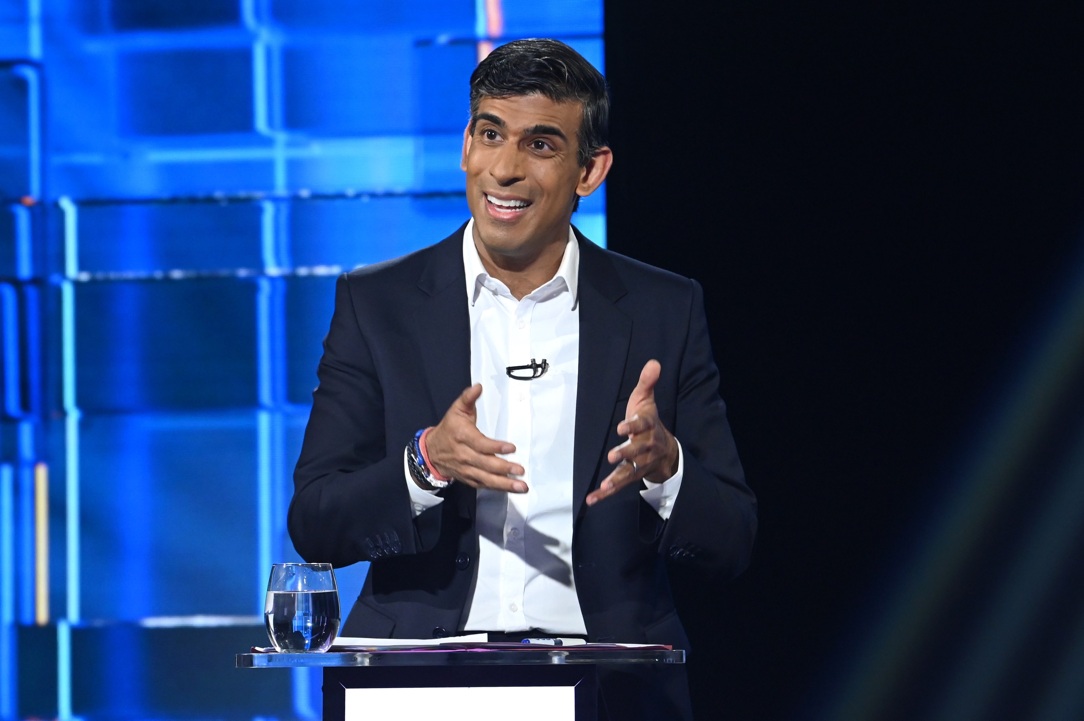 Conservative leadership candidate Rishi Sunak spakes during “Britain’s Next Prime Minister: The ITV Debate” in London on Sunday. Photo: ITV via EPA-EFE 