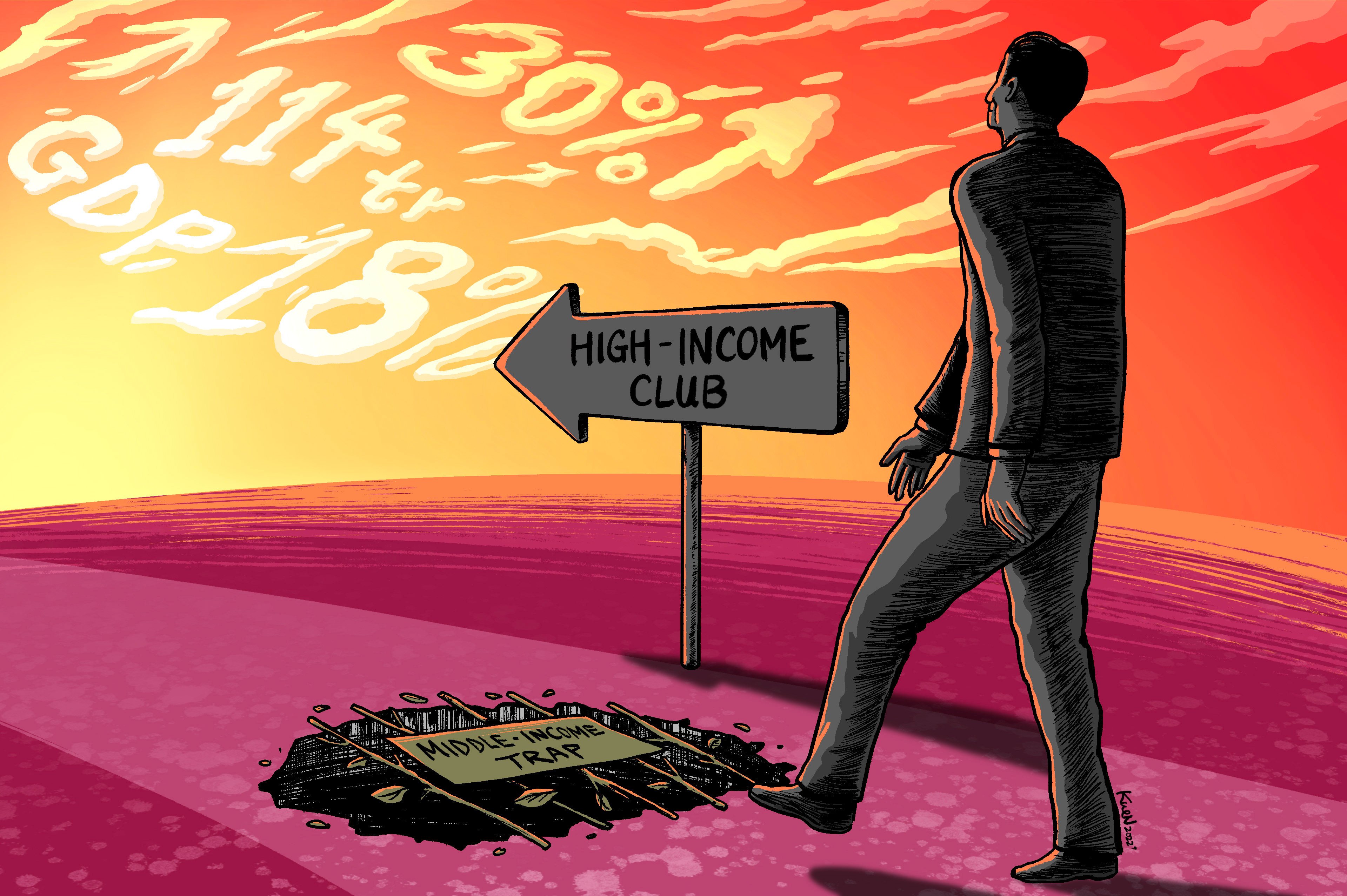 Statistically, China already stands at the doorstep of the high-income club, but there are concerns it could fall victim to the middle-income trap. Photo: Illustration by Lau Ka-kuen