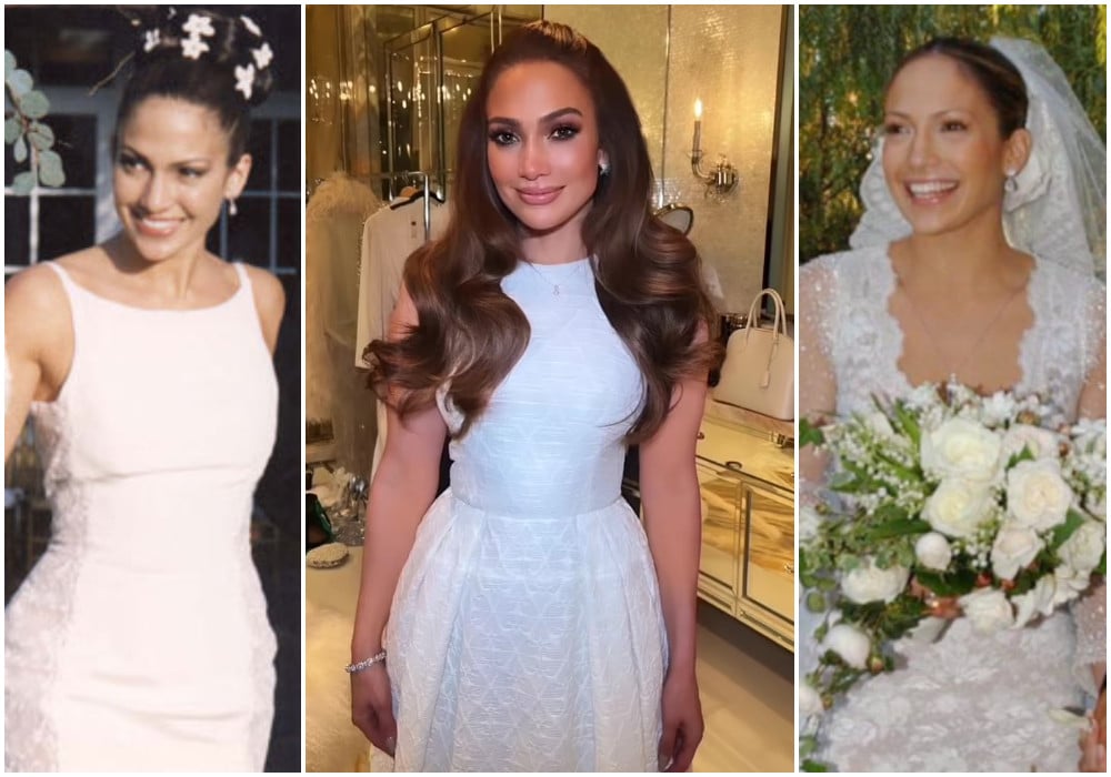 Marrying for the fourth time, Jennifer Lopez has had the chance to try out different wedding dress styles over the years. Photos: OldLoves/Tumblr, @chrisappleton1/Instagram, AP