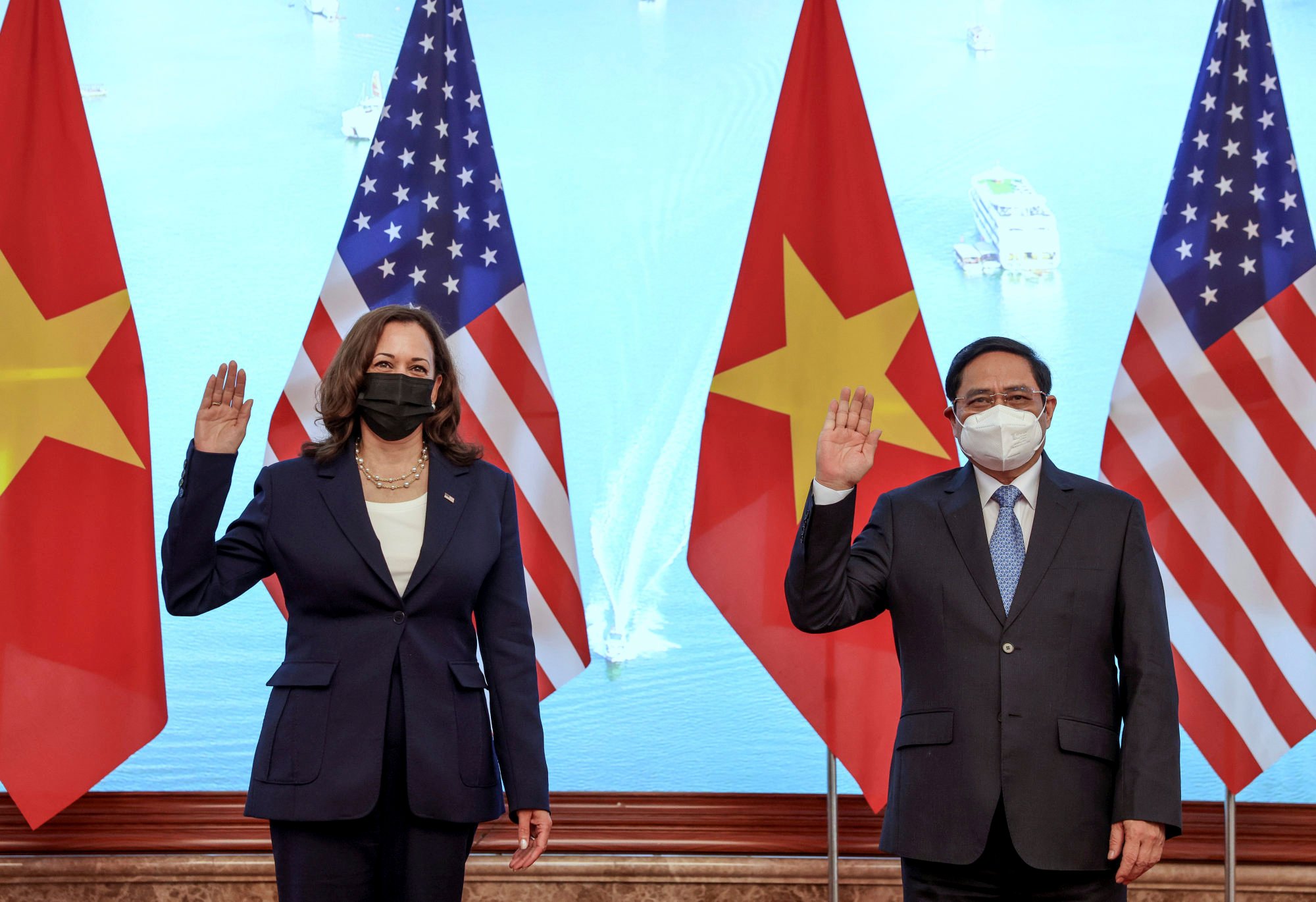 US Vice-President Kamala Harris with Vietnamese Prime Minister Pham Minh Chinh in Hanoi last year. Hanoi’s warming ties with Washington were reflected in its downgrading in the US report. Photo: AP