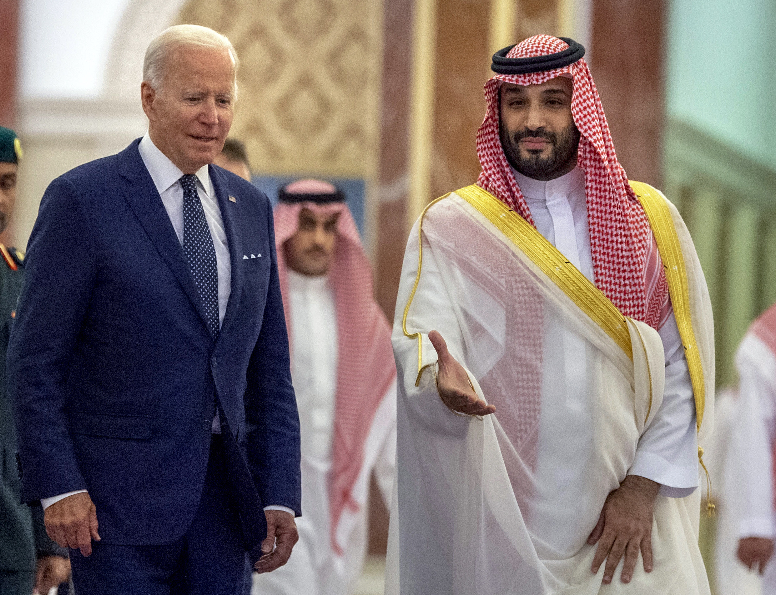 Saudi Crown Prince Mohammed bin Salman, right, welcomes US President Joe Biden meets Saudi Crown Prince Mohammed bin Salman in Al-Salam Palace in Jeddah, Saudi Arabia, on Friday. Photo: Saudi Royal Palace via AP