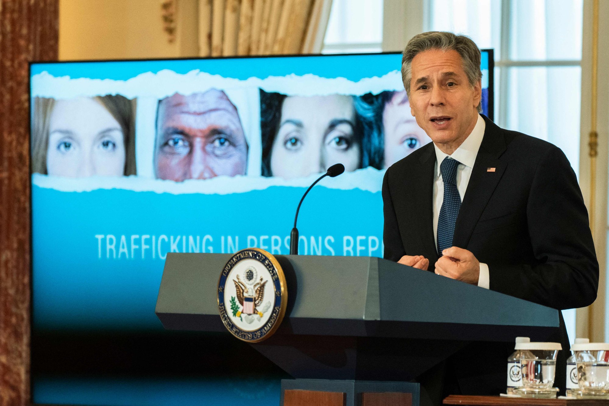 US Secretary of State Antony Blinken speaks at the launch of the State Department’s 2022 Trafficking in Persons Report on Tuesday. Photo: AFP