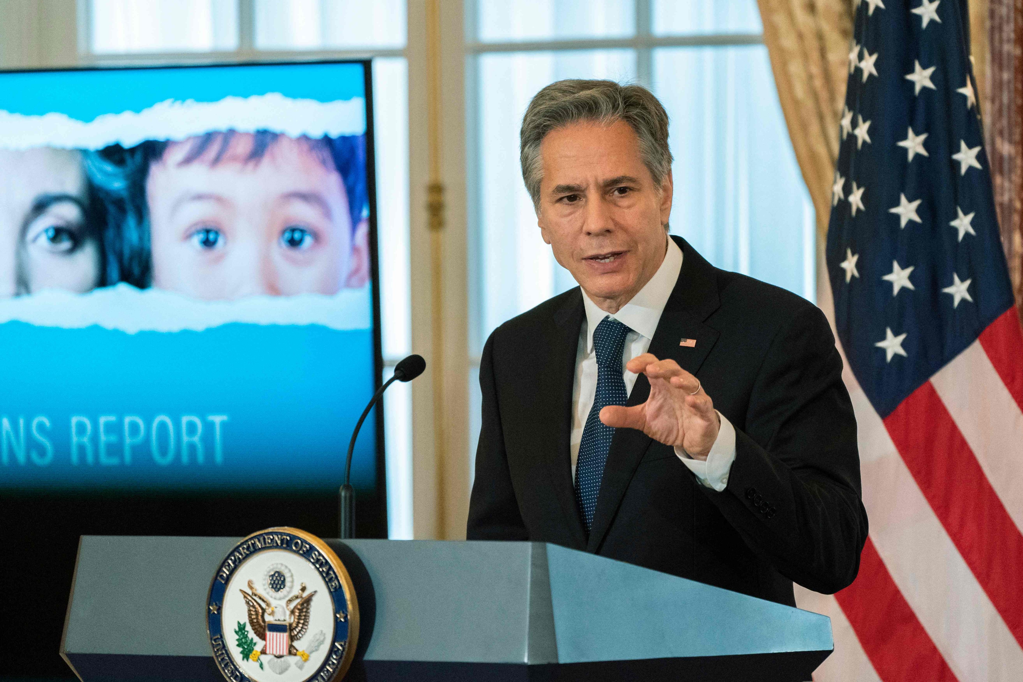 US Secretary of State Antony Blinken speaks during the 2022 Trafficking in Persons Report launch ceremony at the State Department in Washington on Tuesday. Photo: AFP