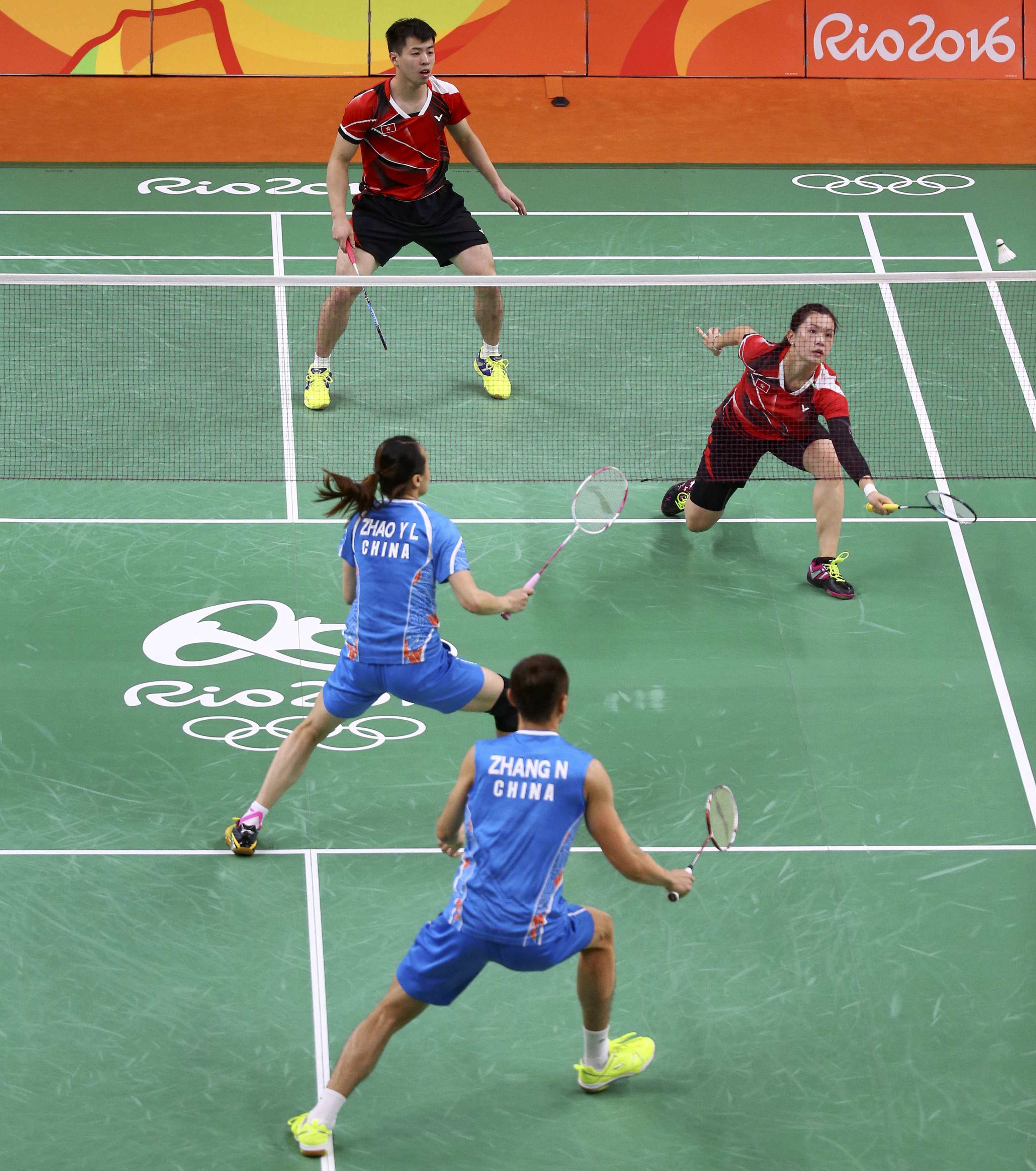 Reginald Lee (in red) was once a top ranked mixed doubles player. He and former partner Cathy Chau against Zhang Nan and Zhao Yunlei of China at the 2016 Olympic Games in Rio. Photo: Reuters.