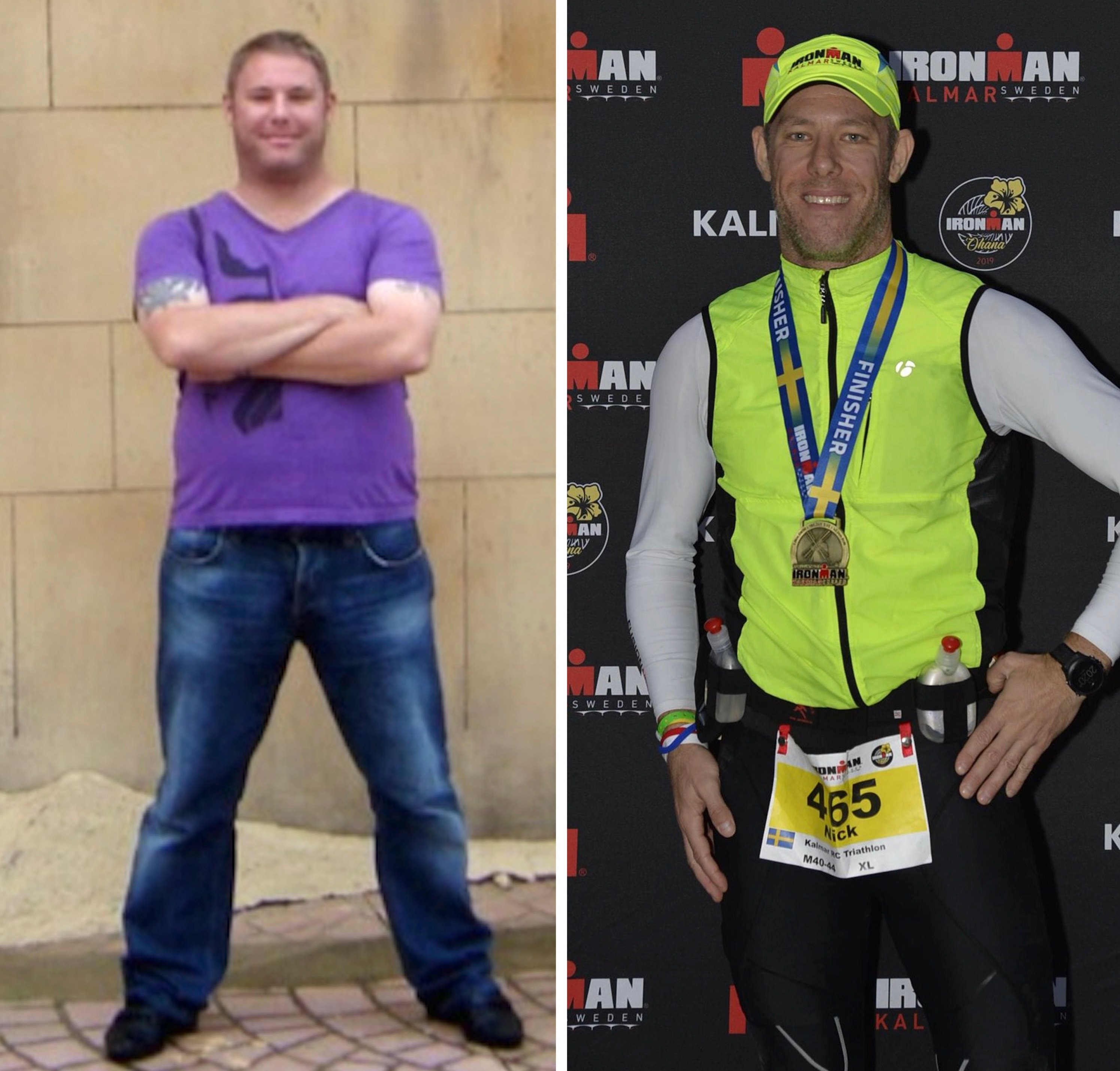 Nick Jonsson before he embarked on his lifestyle change (above, left), and after completing his first Ironman triathlon the following year. Photos: Nick Jonsson