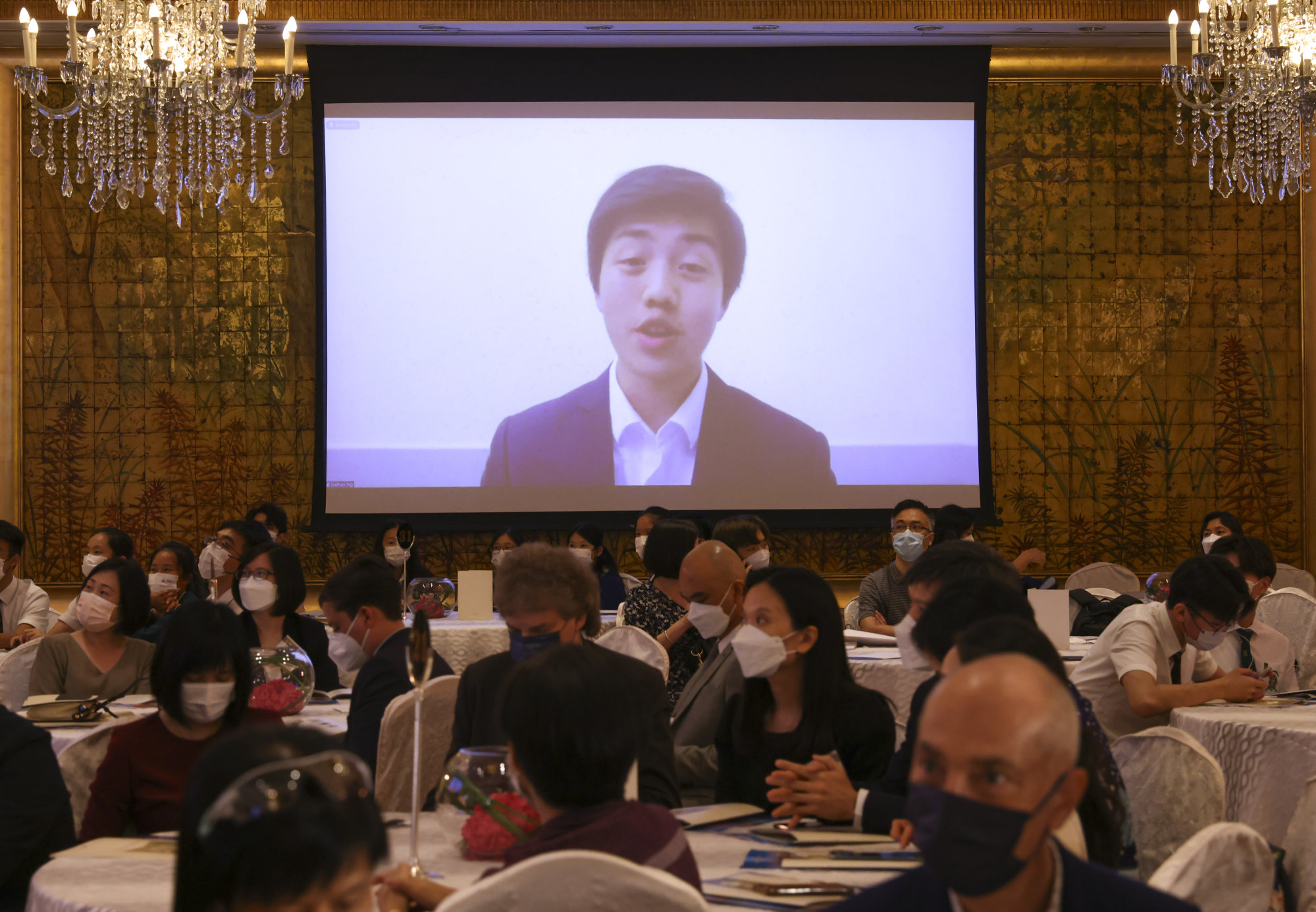 Grand prize winner Nathan Ng speaks via videoconferencing. Photo: Dickson Lee