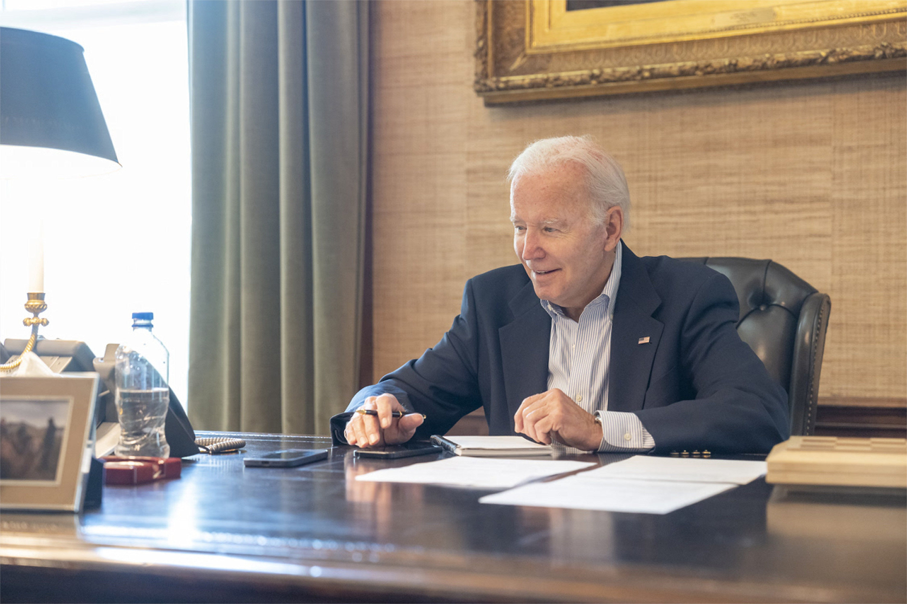 US President Joe Biden shown speaking by telephone on Thursday with Pennsylvania lawmakers after a positive Covid-19 test forced the cancellation of his scheduled trip to Wilkes-Barre. White House/Planet Pix/Zuma Press via TNS