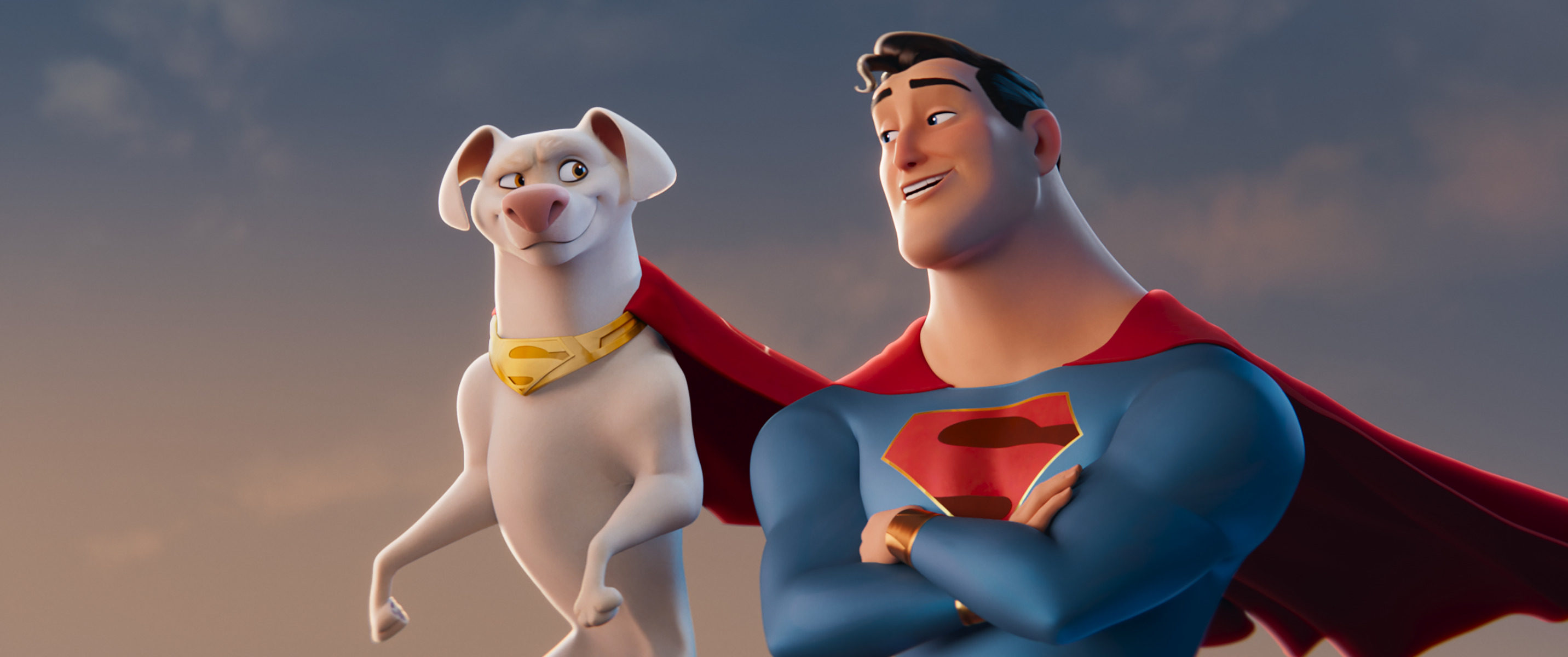 Krypto (left, voiced by Dwayne Johnson) and Superman (John Krasinski) in a still from DC League of Super-Pets. Photo: Warner Bros. Pictures.