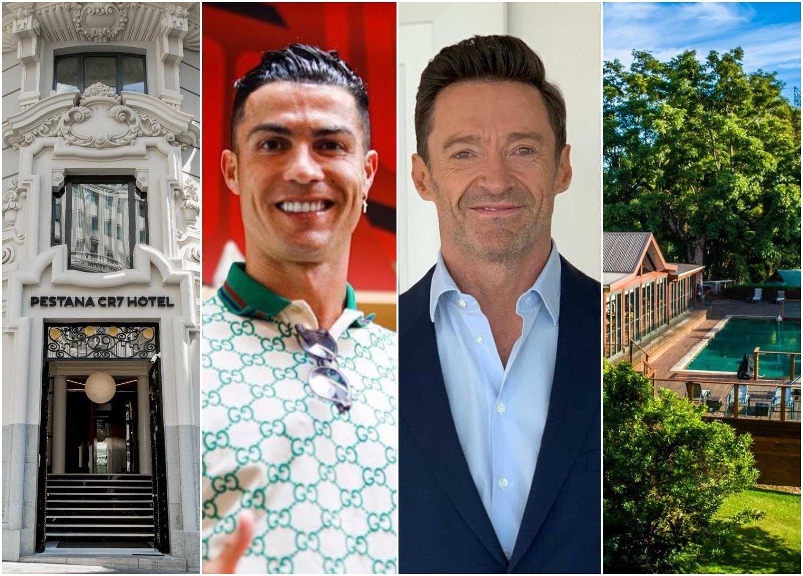 Cristiano Ronaldo has multiple properties with Pestana CR7 Hotel, while Hugh Jackman co-owns Australian wellness retreat, Gwinganna. Photos: @thehughjackman, @cristiano, @pestanacr7, @gwinganna/Instagram