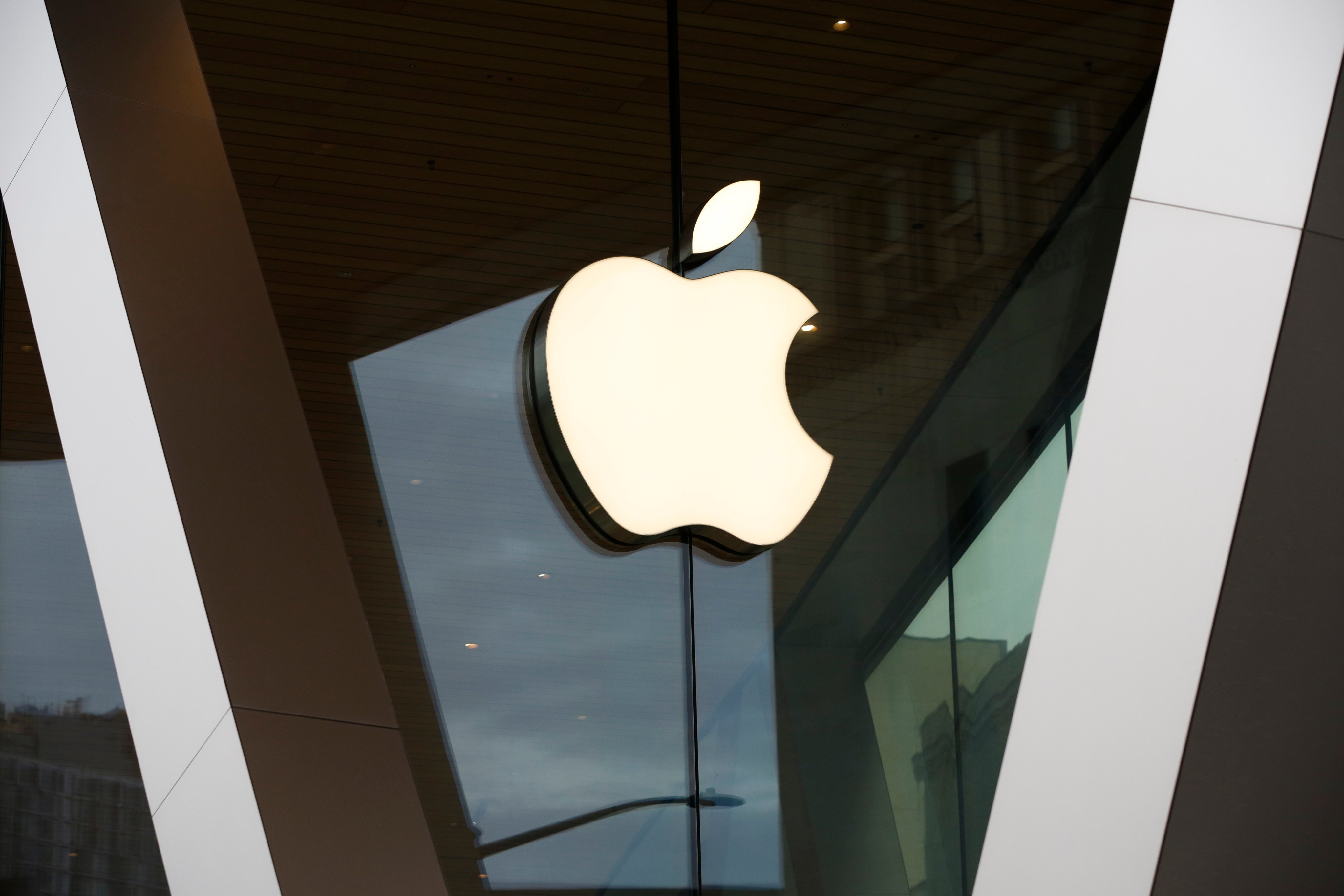 An Apple logo adorns the facade of its downtown Brooklyn store in New York on March 14, 2020. Photo: AP