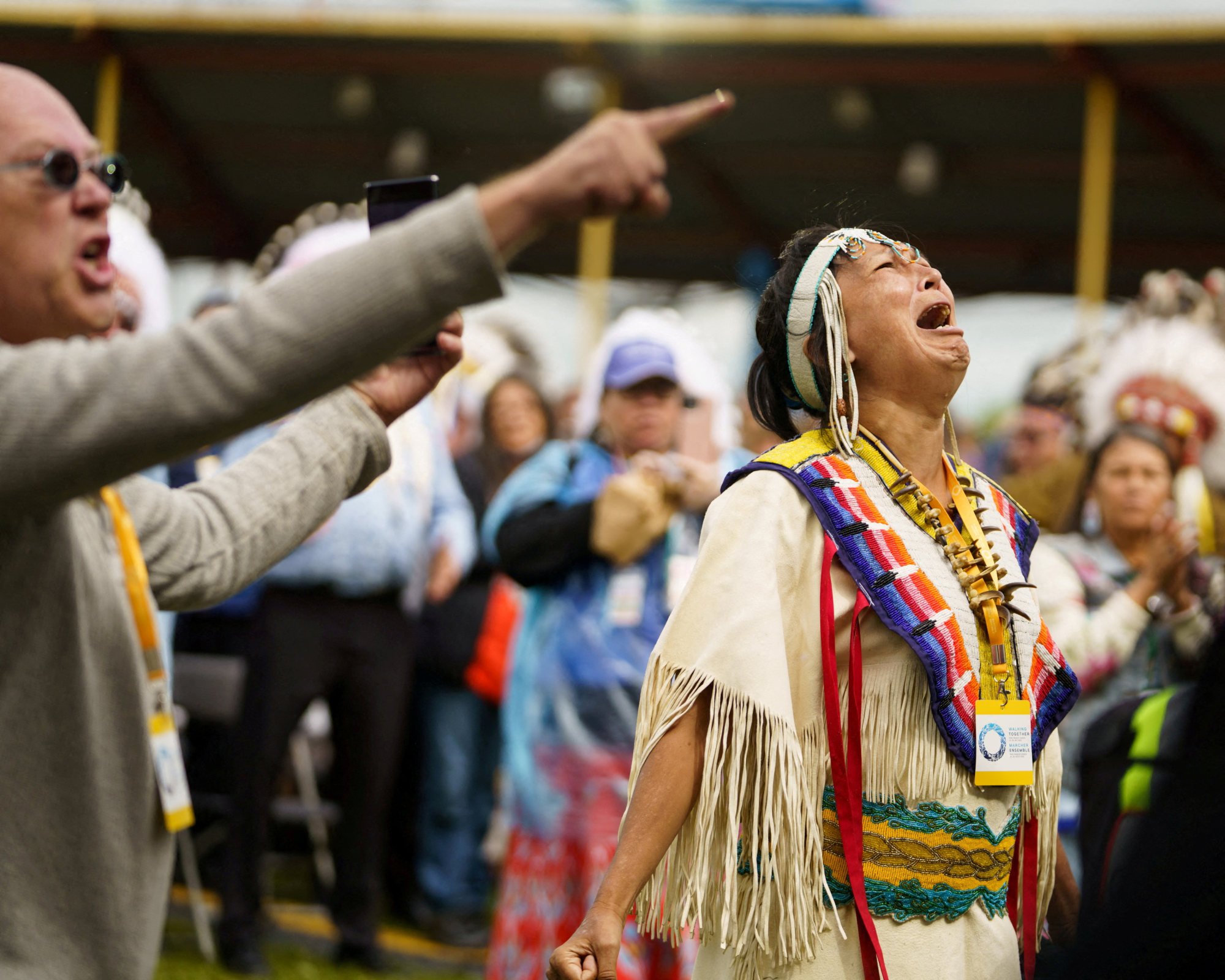 A woman sings Canada’s national anthem in the Cree language during a visit by Pope Francis, who apologised to Canada’s native people on Monday in Maskwacis, Alberta, Canada. Photo: Reuters