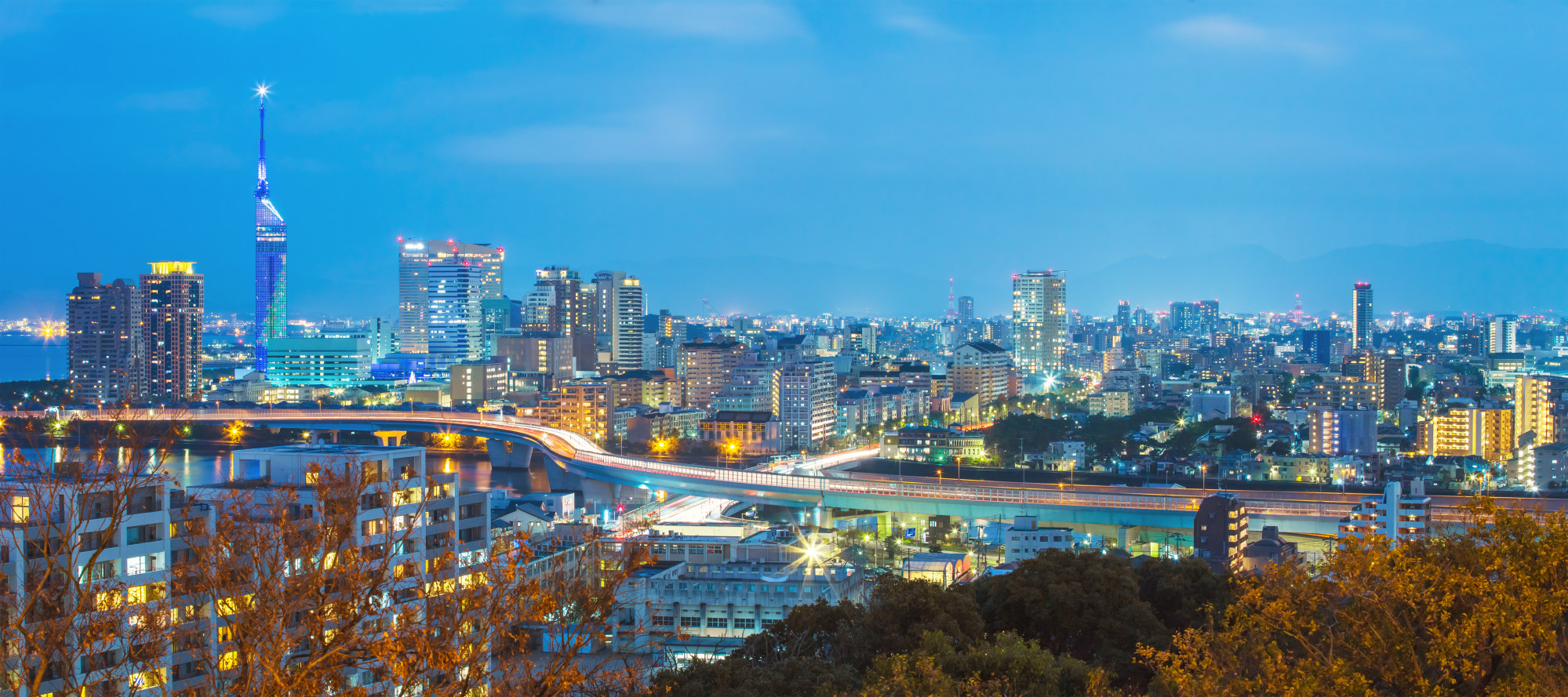 Fukuoka at dusk. The city is known for its restaurants and stunning surrounding scenery. Photo: Shutterstock