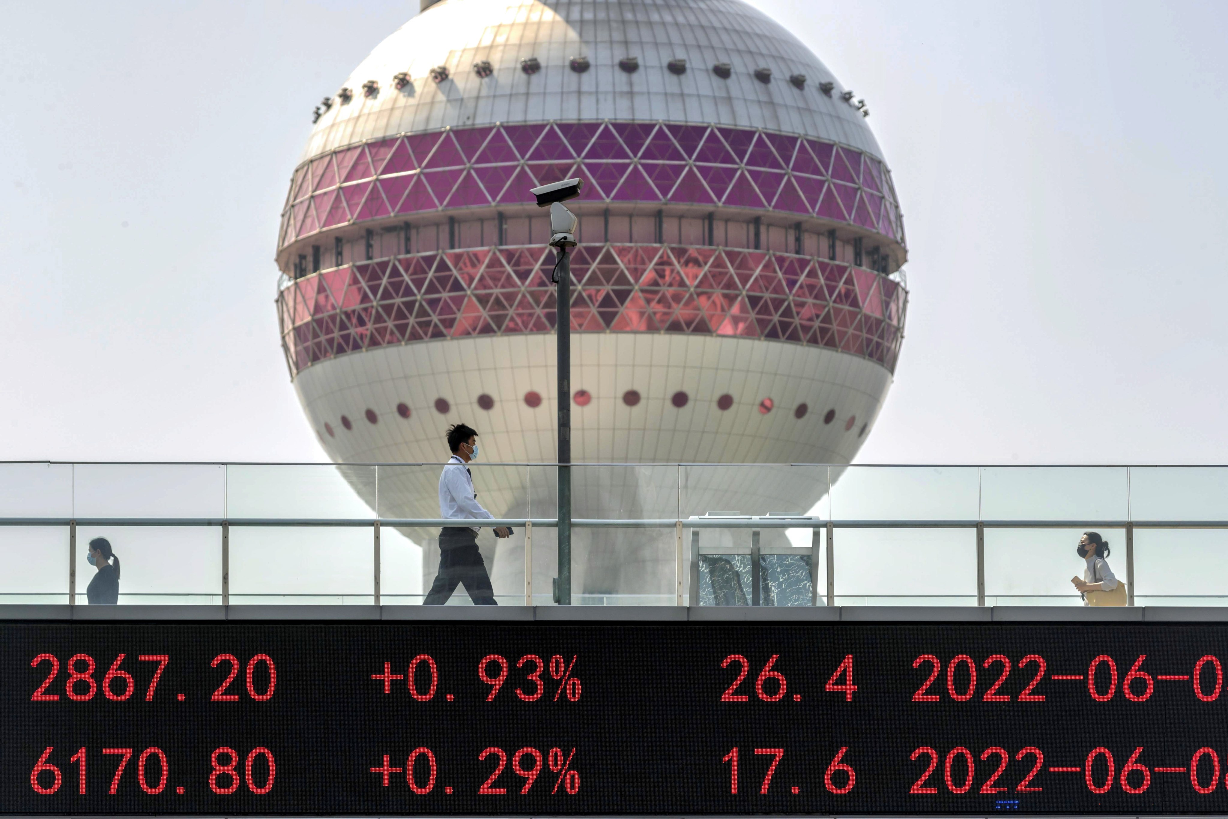 A pedestrian bridge that displayed the latest stock exchange data in Shanghai’s Lujiazui financial district on 8 June 2022. Photo: EPA-EFE