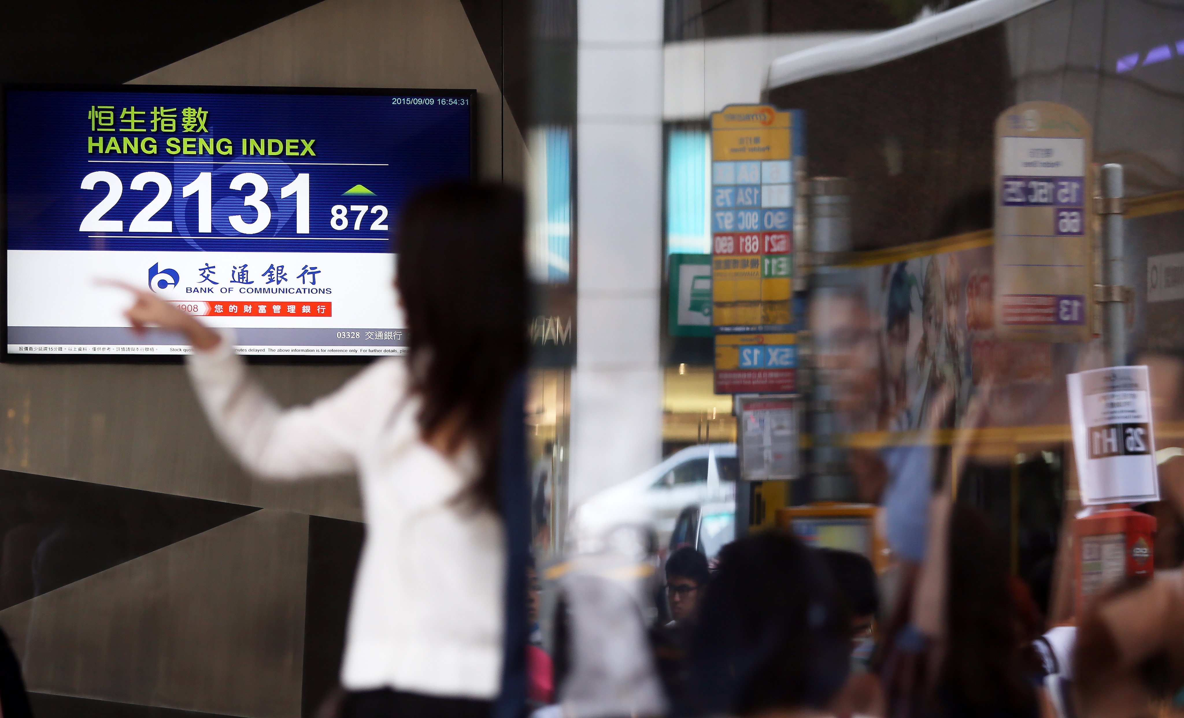 A chart on an electronic stock board shows the Hang Seng index in Central, Hong Kong. Photo: SCMP