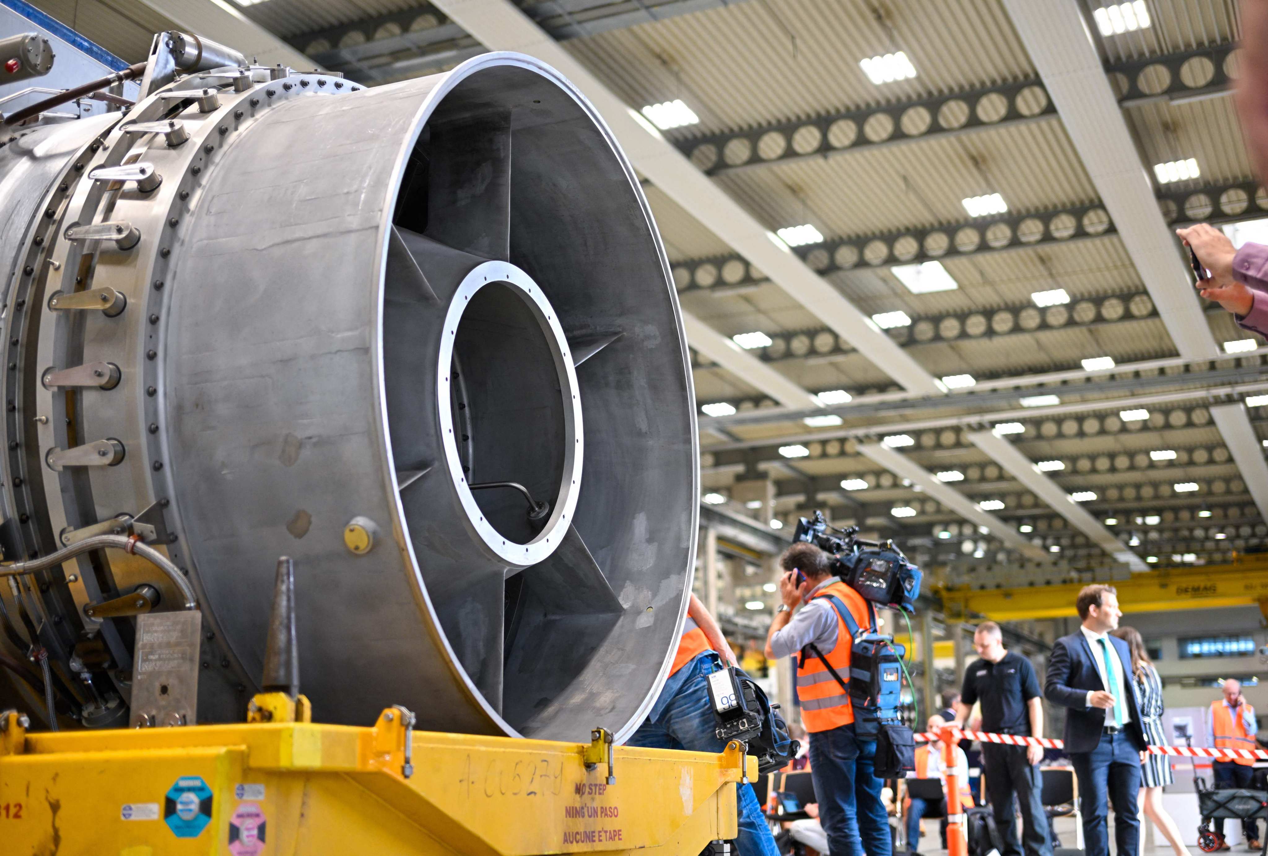 A turbine for the Nord Stream 1 pipeline is displayed at the plant of Siemens Energy in Muelheim an der Ruhr in western Germany on Wednesday. Photo: AFP